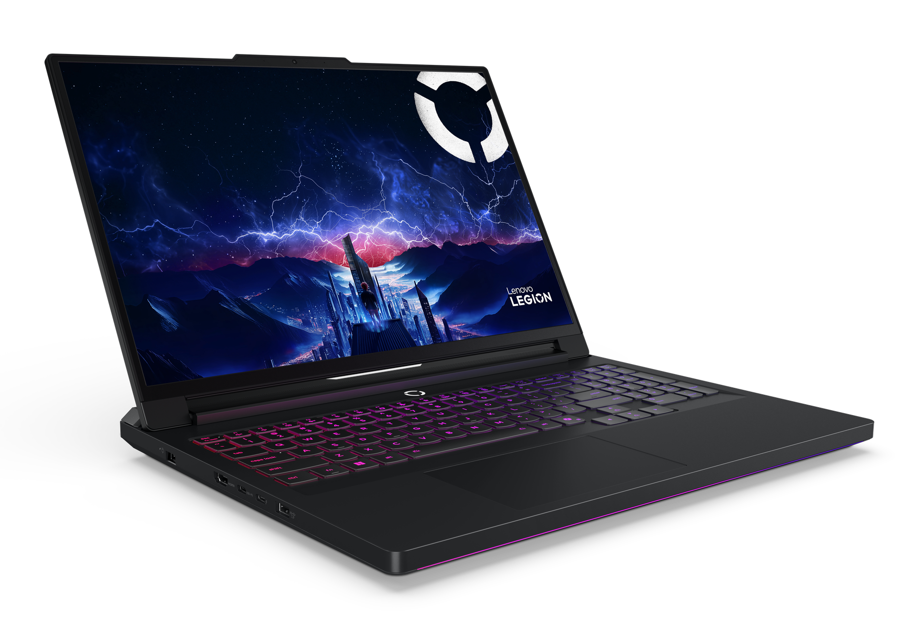 Czarny laptop Lenovo Legion, otwarty. Widok miasta z burzą, kolorową klawiaturą i logo.