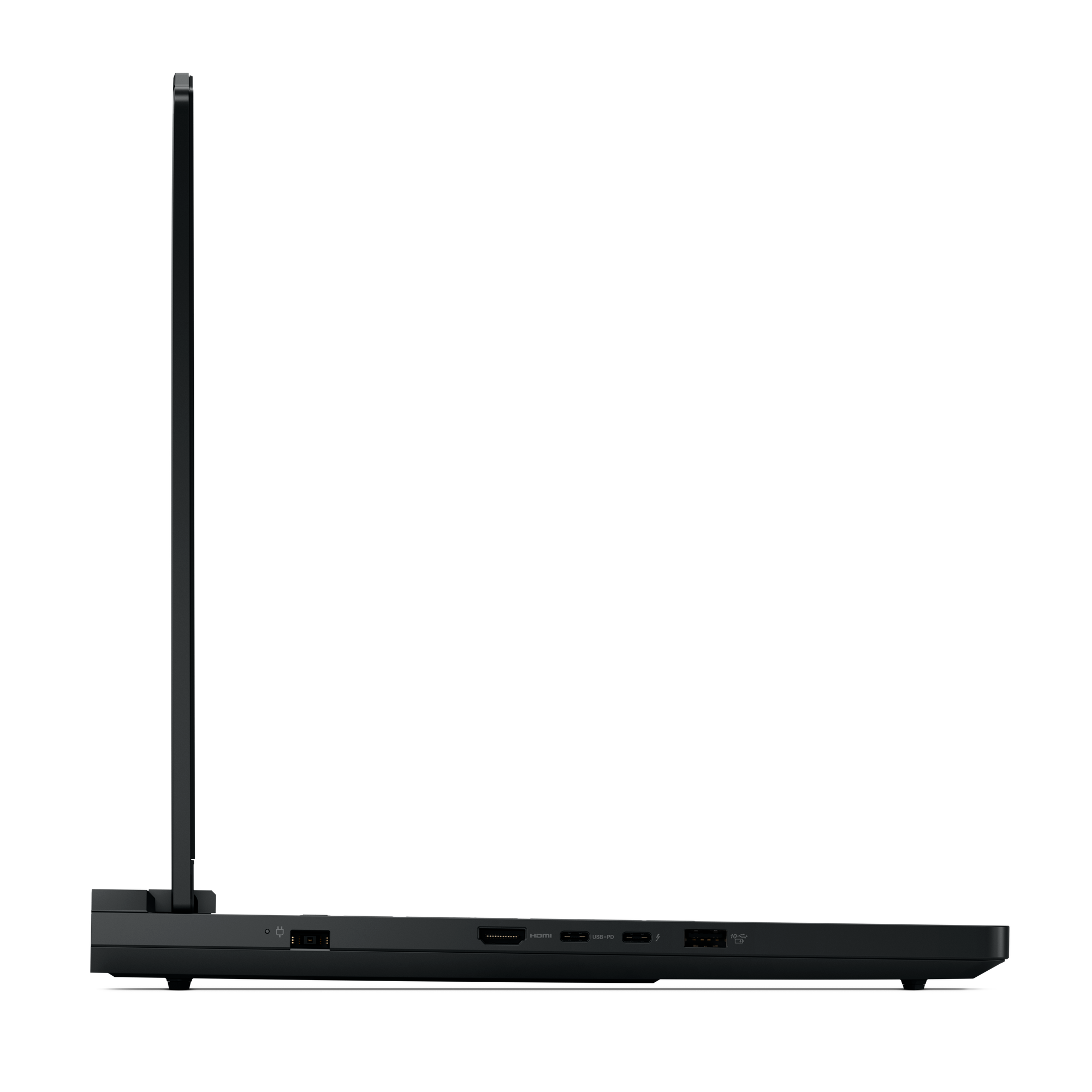 Profil boczny czarnego laptopa. Pokazuje porty, takie jak HDMI, USB-C i gniazdo słuchawkowe. Czarne tło.
