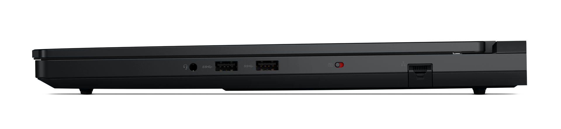 Zbliżenie boku czarnego laptopa. Pokazuje gniazdo słuchawkowe, porty USB i lampkę kontrolną.