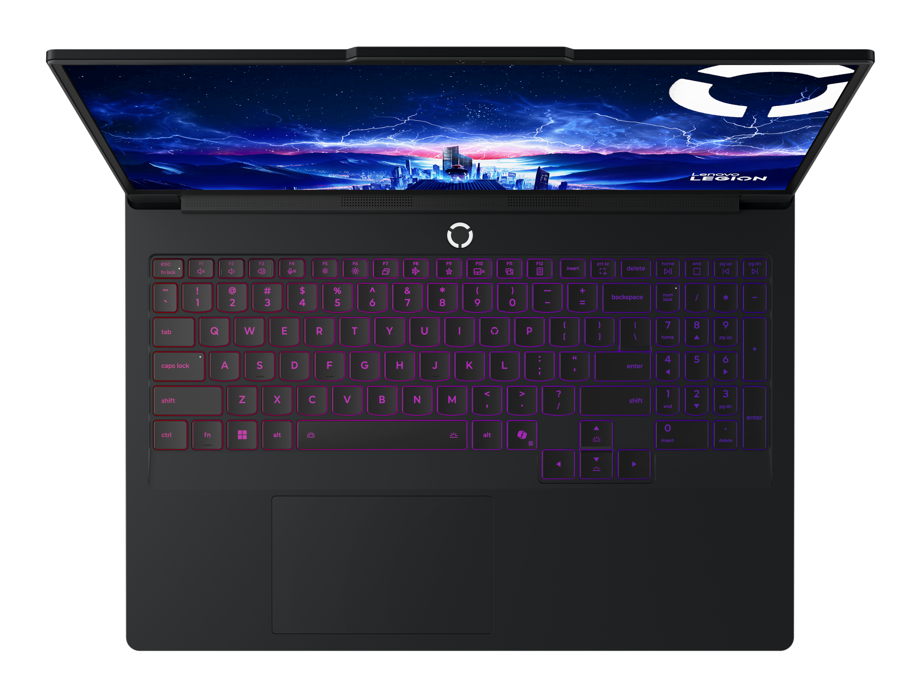 Czarny laptop, otwarty. Wyświetla miasto z burzą, kolorową klawiaturą i logo Lenovo Legion.
