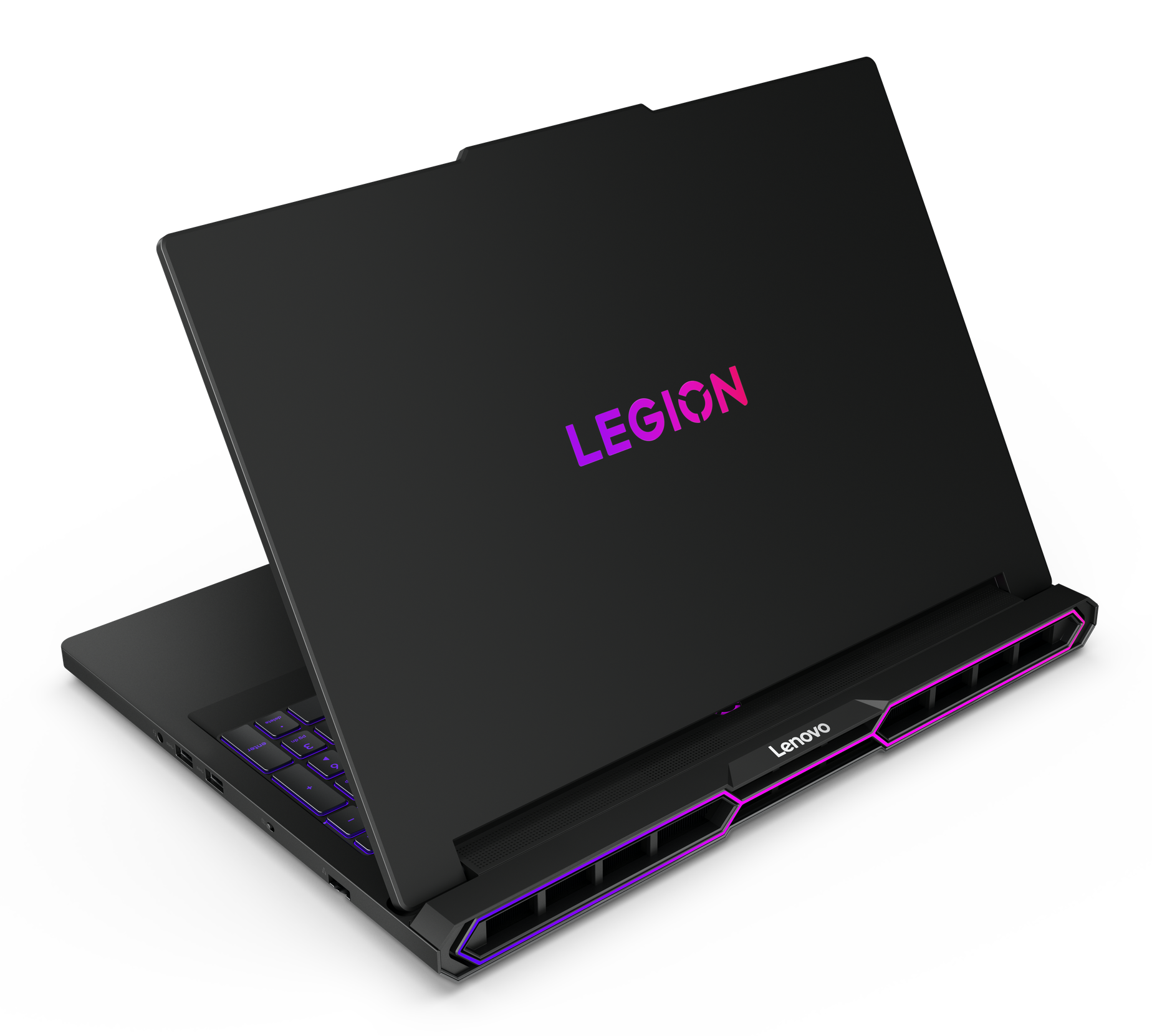 Czarny laptop Legion otwarty, widoczna klawiatura i logo Legion. Podświetlenie fioletowo-różowe. Logo Lenovo.