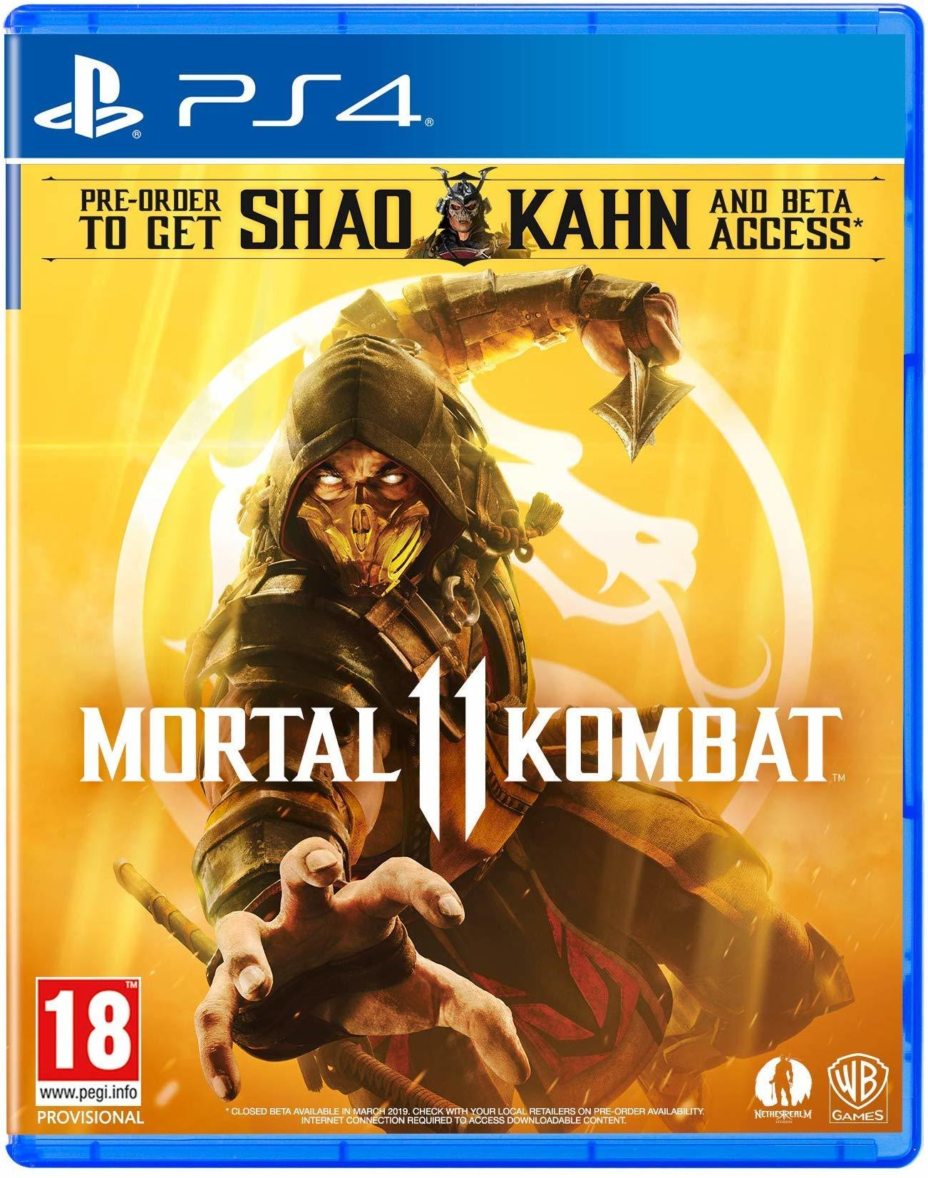Mortal Kombat 11 oyun kutusu. Kapak üzerinde maskeli ve kapüşonlu karakter. Sarı ve mavi renk düzeni.