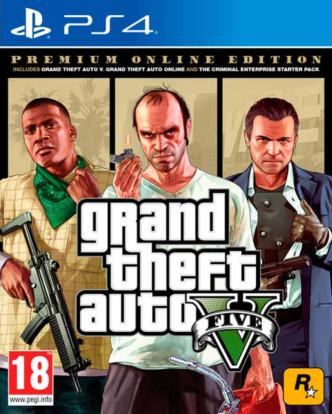 Üç adamın olduğu oyun kapağı, 'Grand Theft Auto V' başlığı ve bir PS4 logosu.