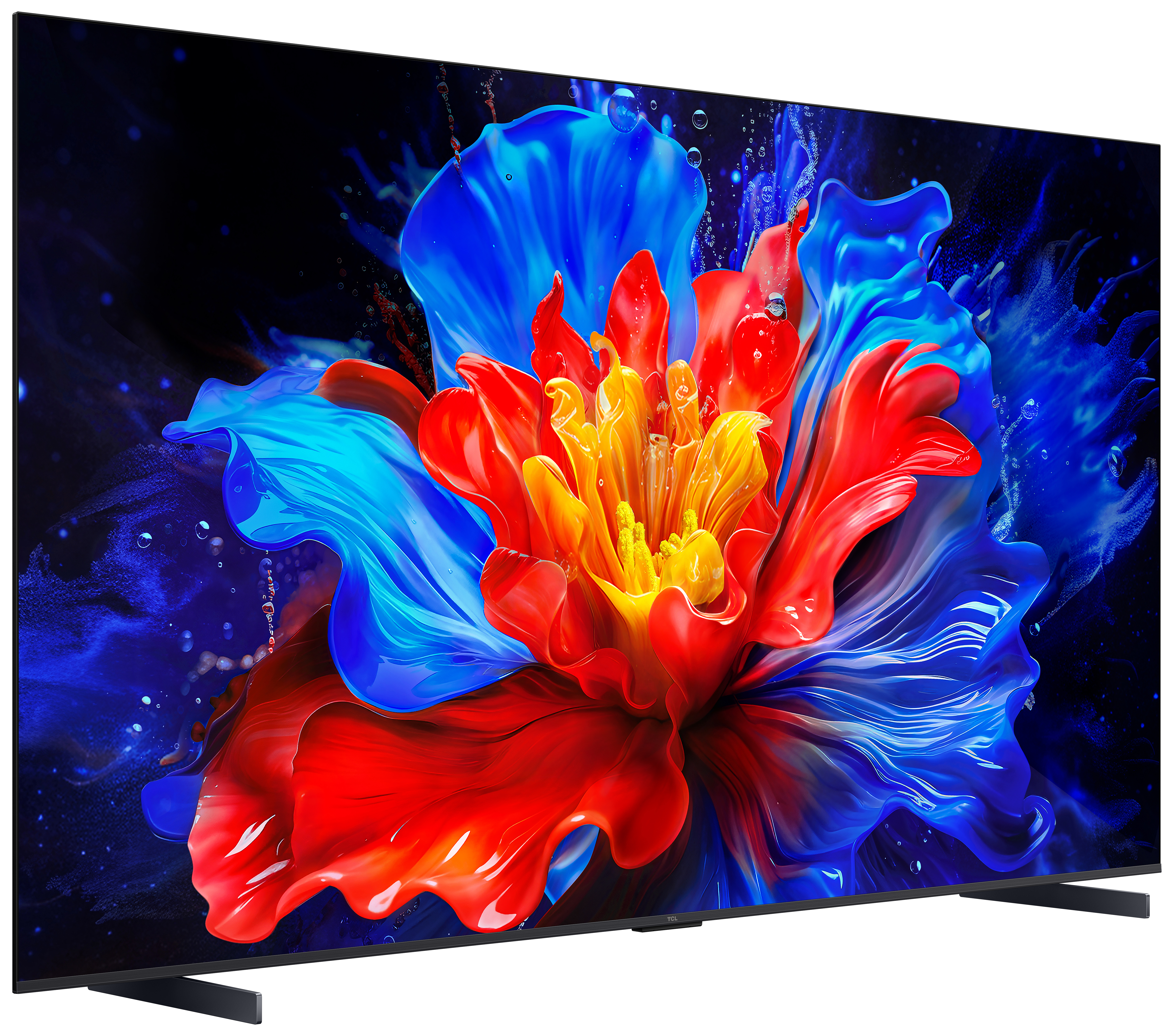 Ein Fernsehbildschirm, der eine lebendige Blume mit blauen und roten Blütenblättern zeigt.