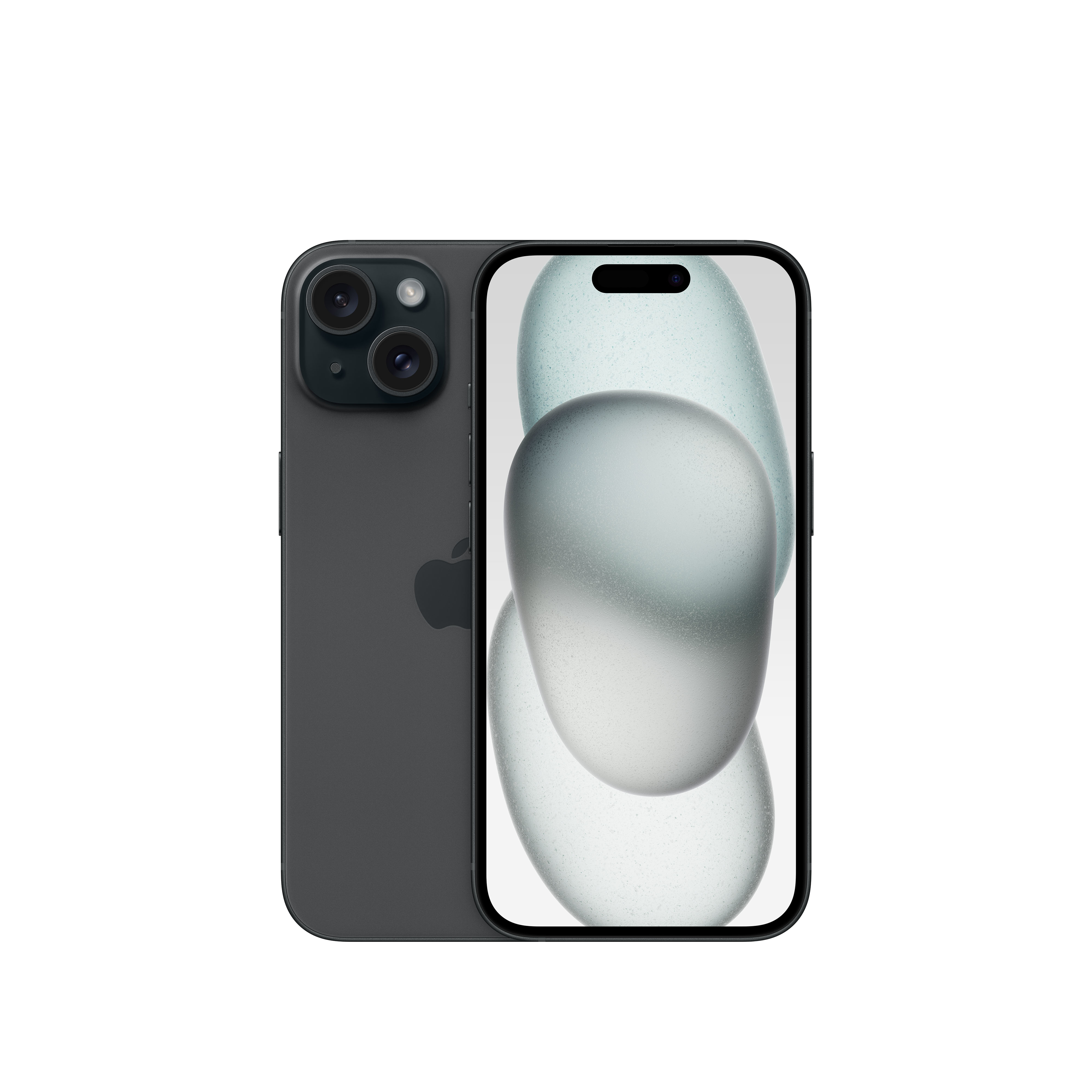 Siyah iPhone, çift kamera, cam arka, soyut yeşil şekillerle bir ekran gösteriyor.