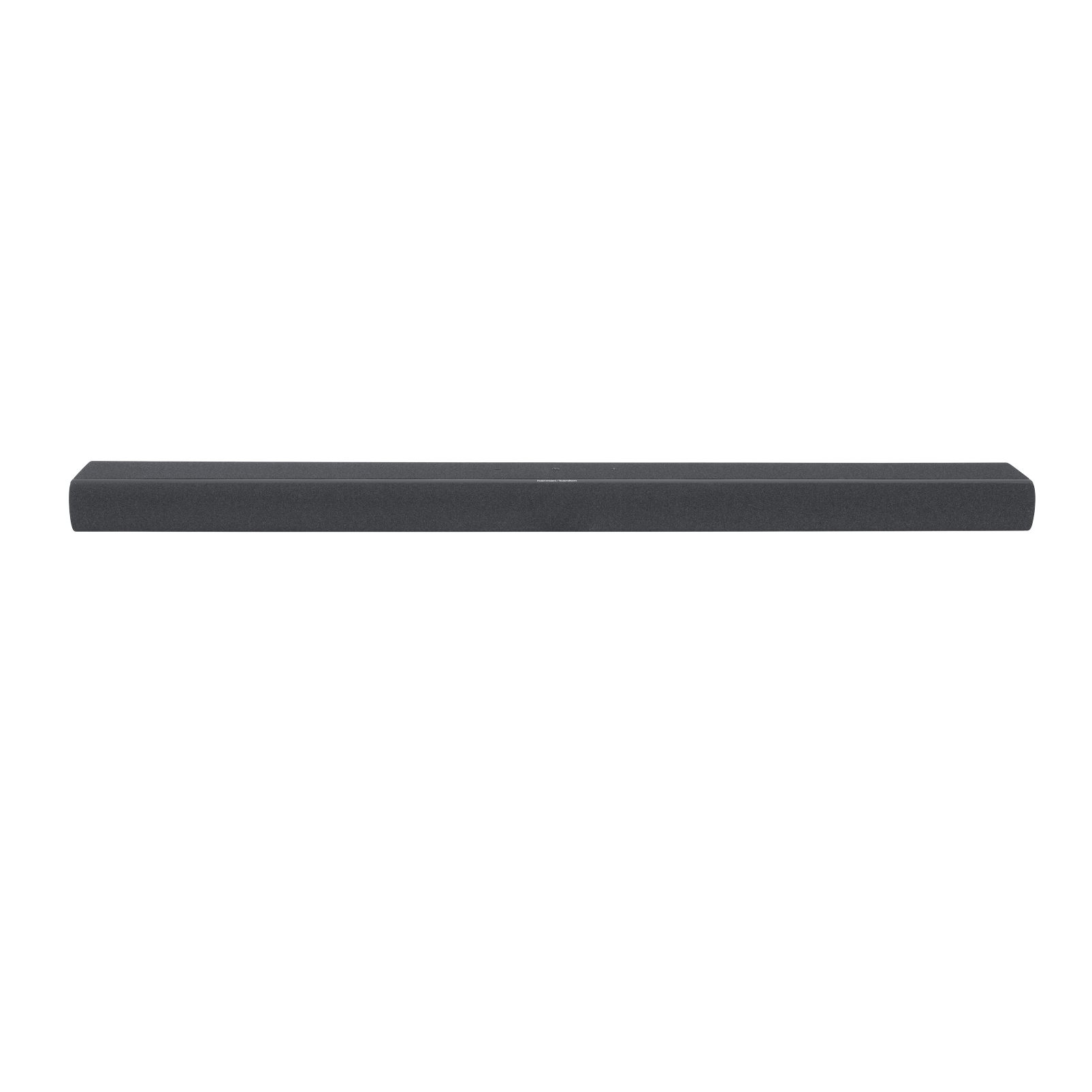 Beyaz zemin üzerinde koyu gri bir soundbar. Harman Kardon logosu ile şık, dikdörtgen bir şekle sahip.