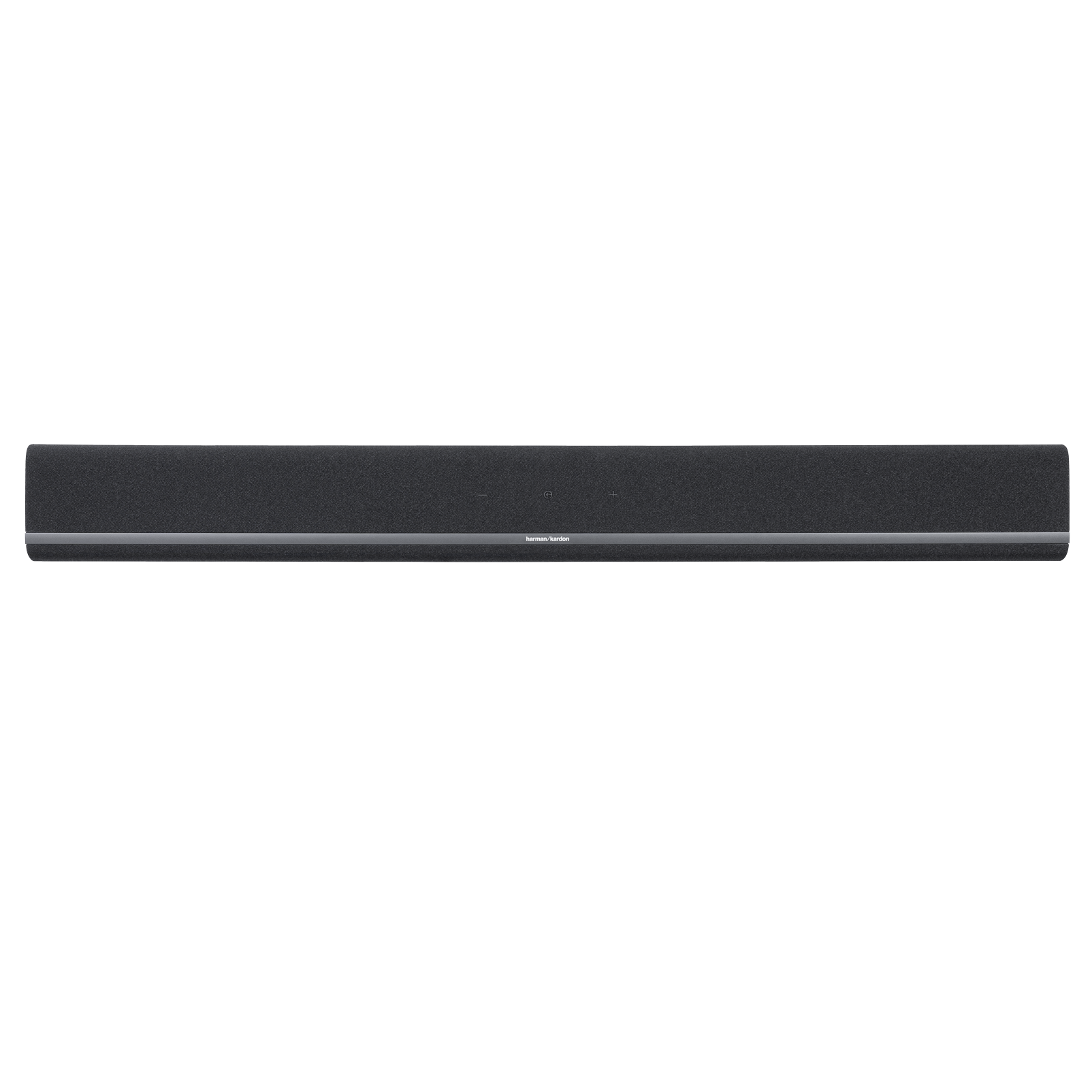Ortasında Harman Kardon logosu bulunan koyu gri bir soundbar, beyaz zemin üzerine izole edilmiş.
