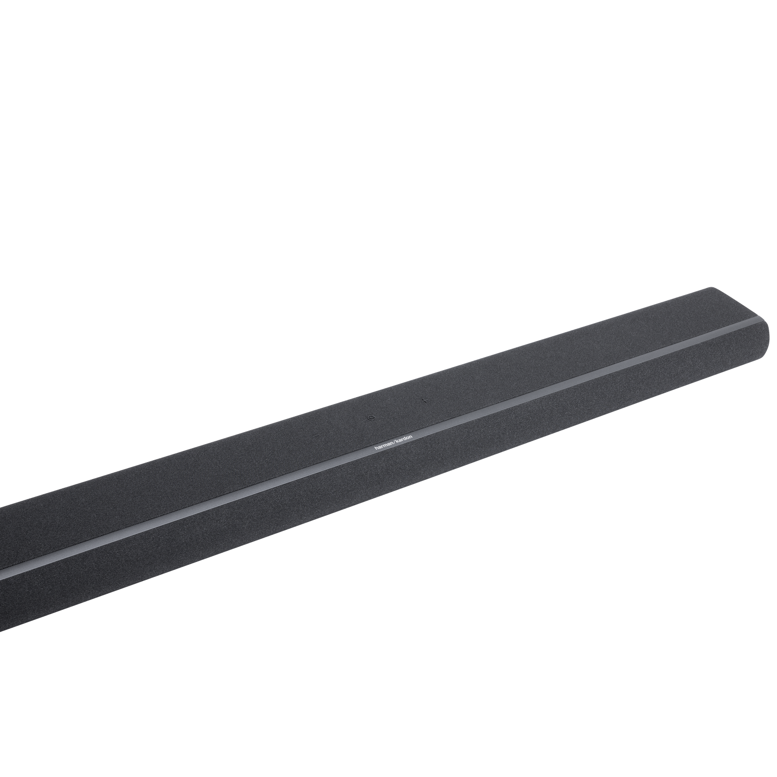 Beyaz zemin üzerinde koyu gri bir soundbar. Harman Kardon logosu ile şık bir tasarıma sahip.