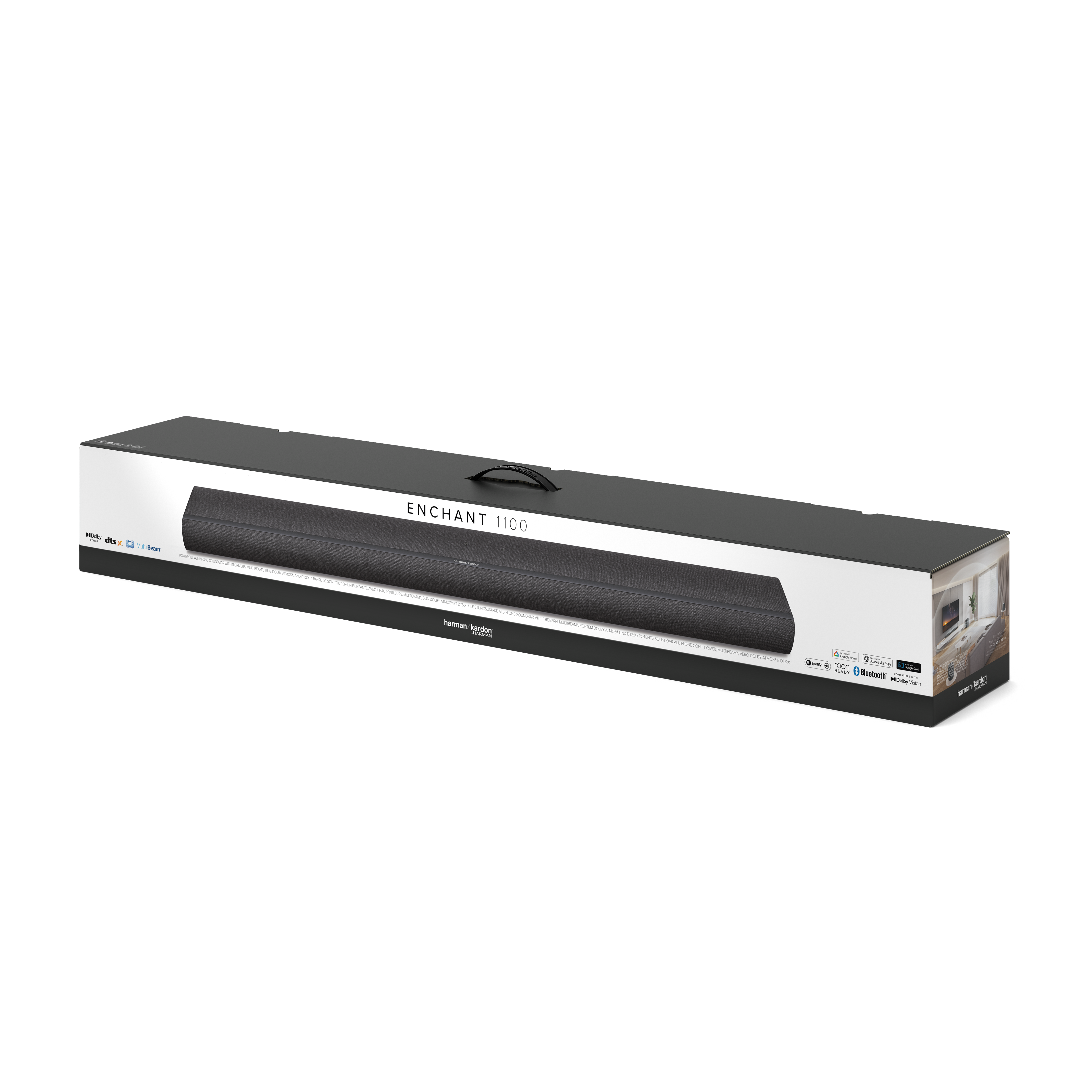 Bir kutuda soundbar, ENCHANT 1100 marka adı ve Harman Kardon logosu ile siyah bir zemin üzerinde.