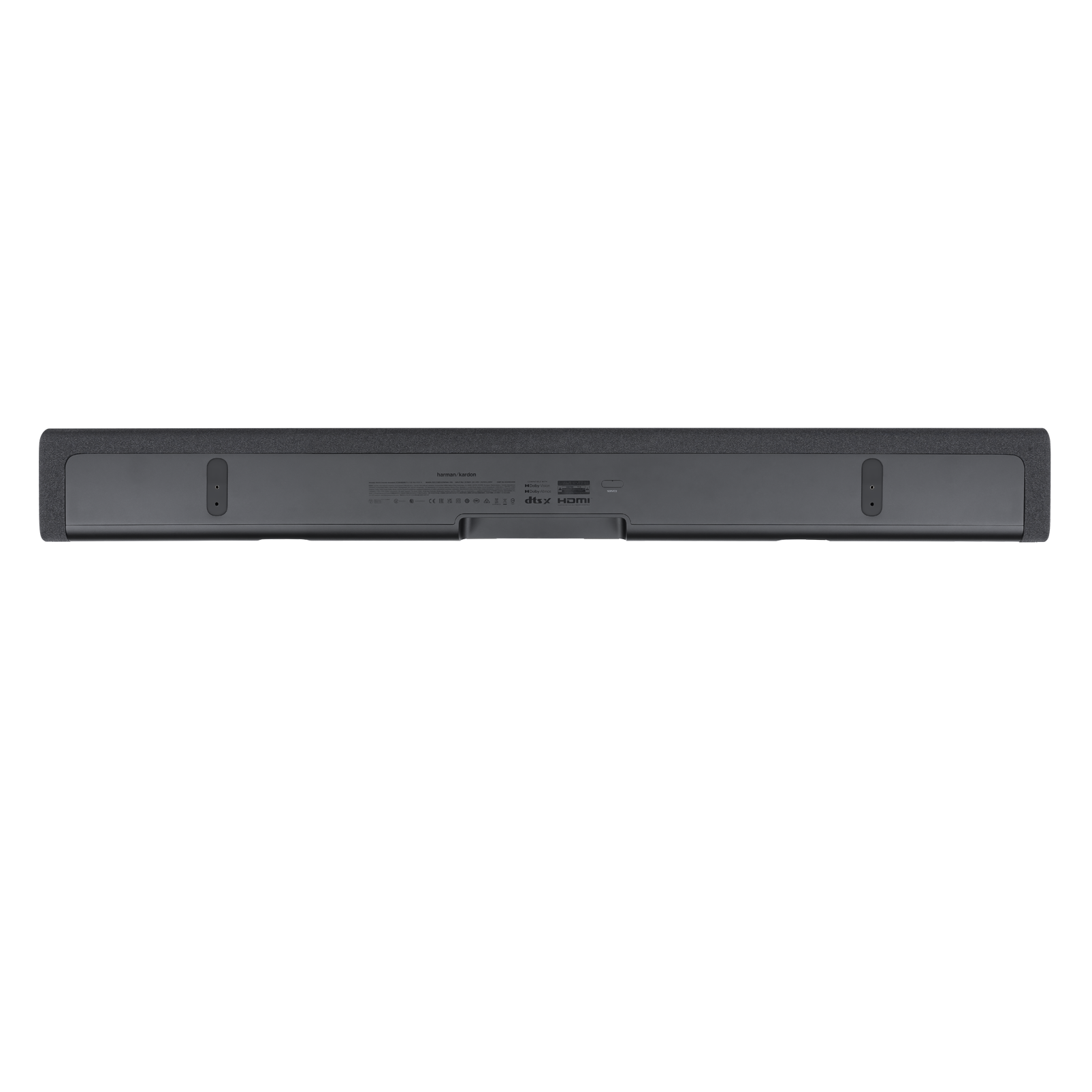 Koyu gri bir soundbar'ın arkası, çeşitli bağlantı noktaları ve Harman Kardon logosu ile, beyaz bir zemin üzerinde.