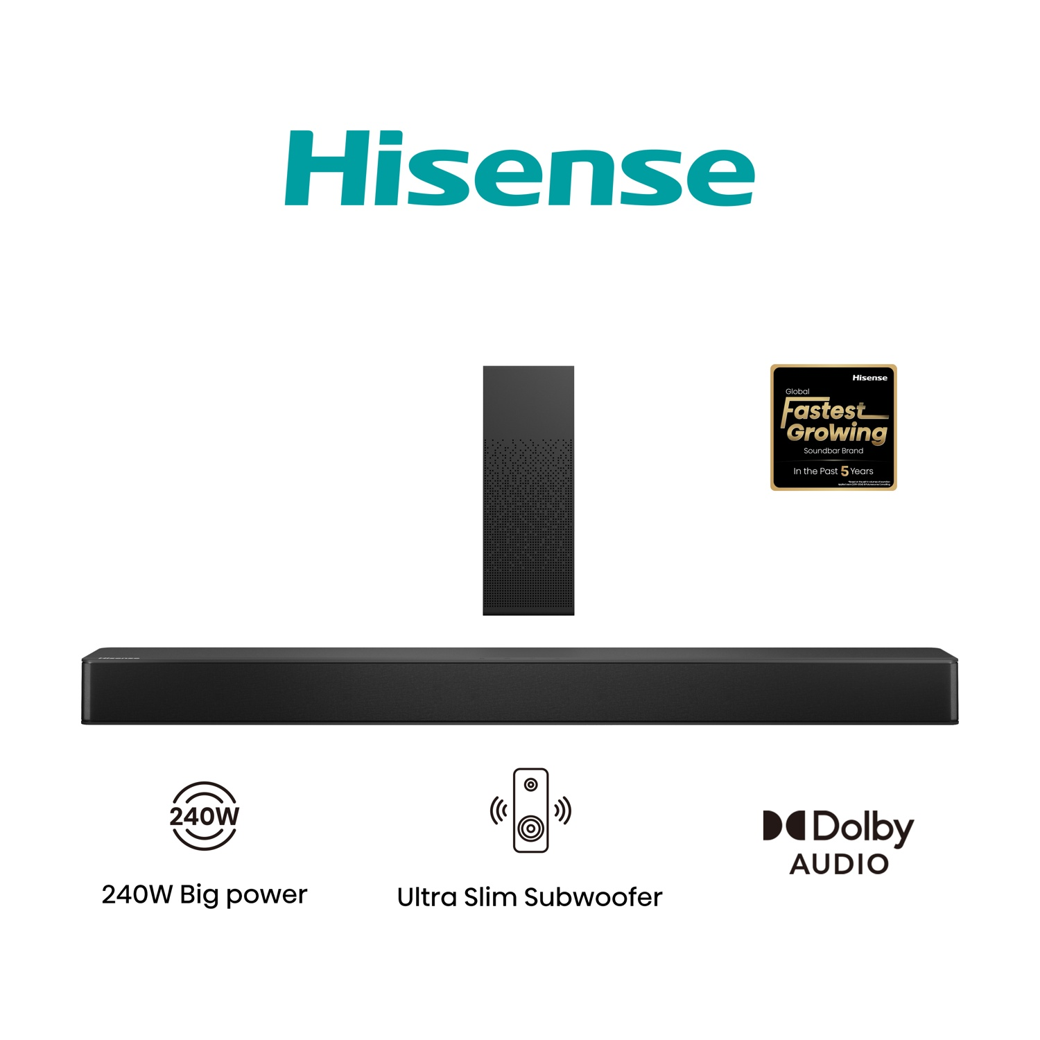 Una soundbar e un subwoofer neri con il logo Hisense e il testo: Marchio di soundbar in più rapida crescita.
