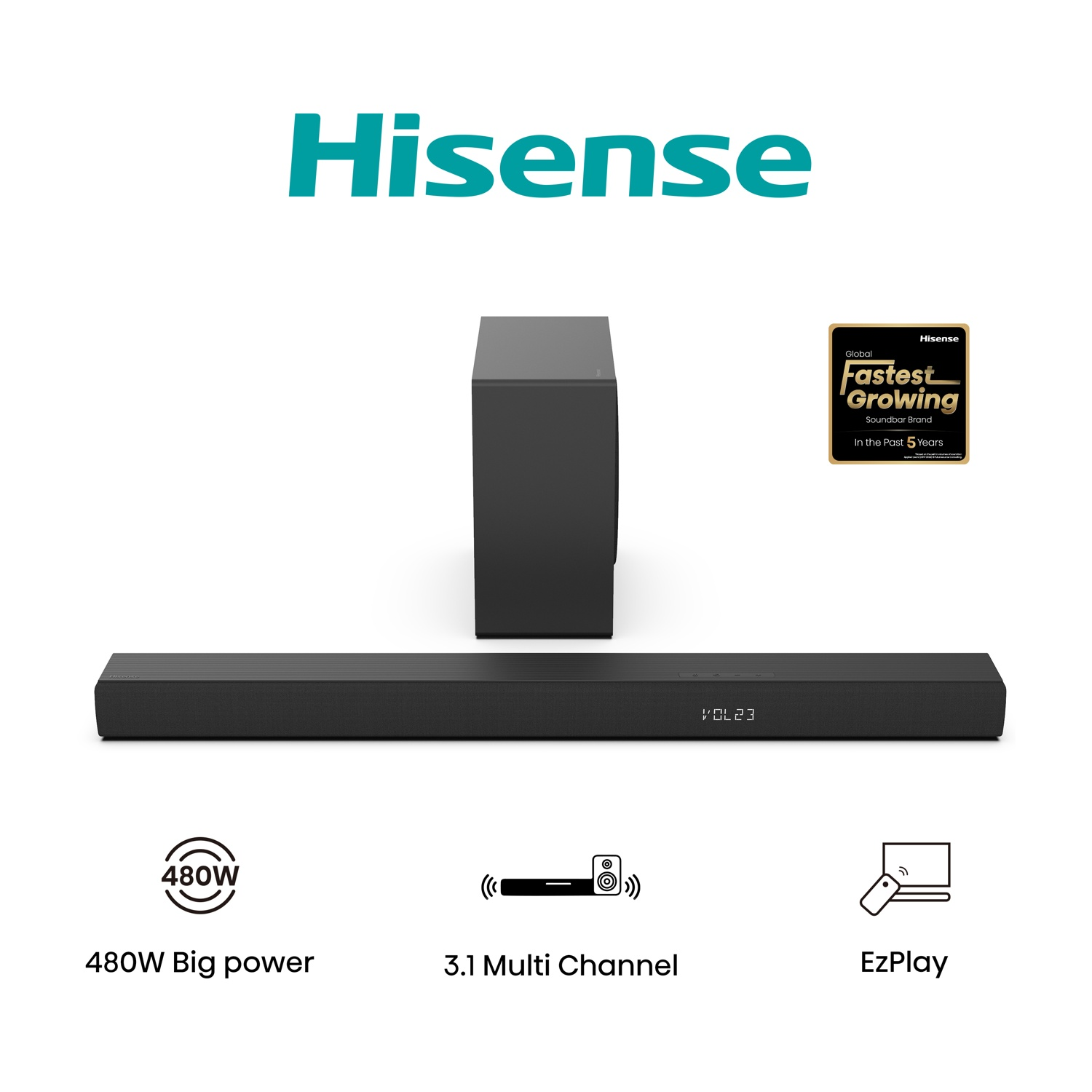 Soundbar e subwoofer neri con logo Hisense e testo: Marchio di soundbar in più rapida crescita. Mostra specifiche.