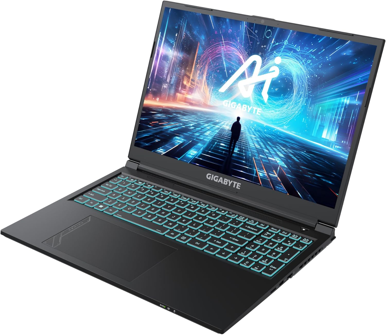Una computadora portátil negra y plateada con teclado iluminado en azul.