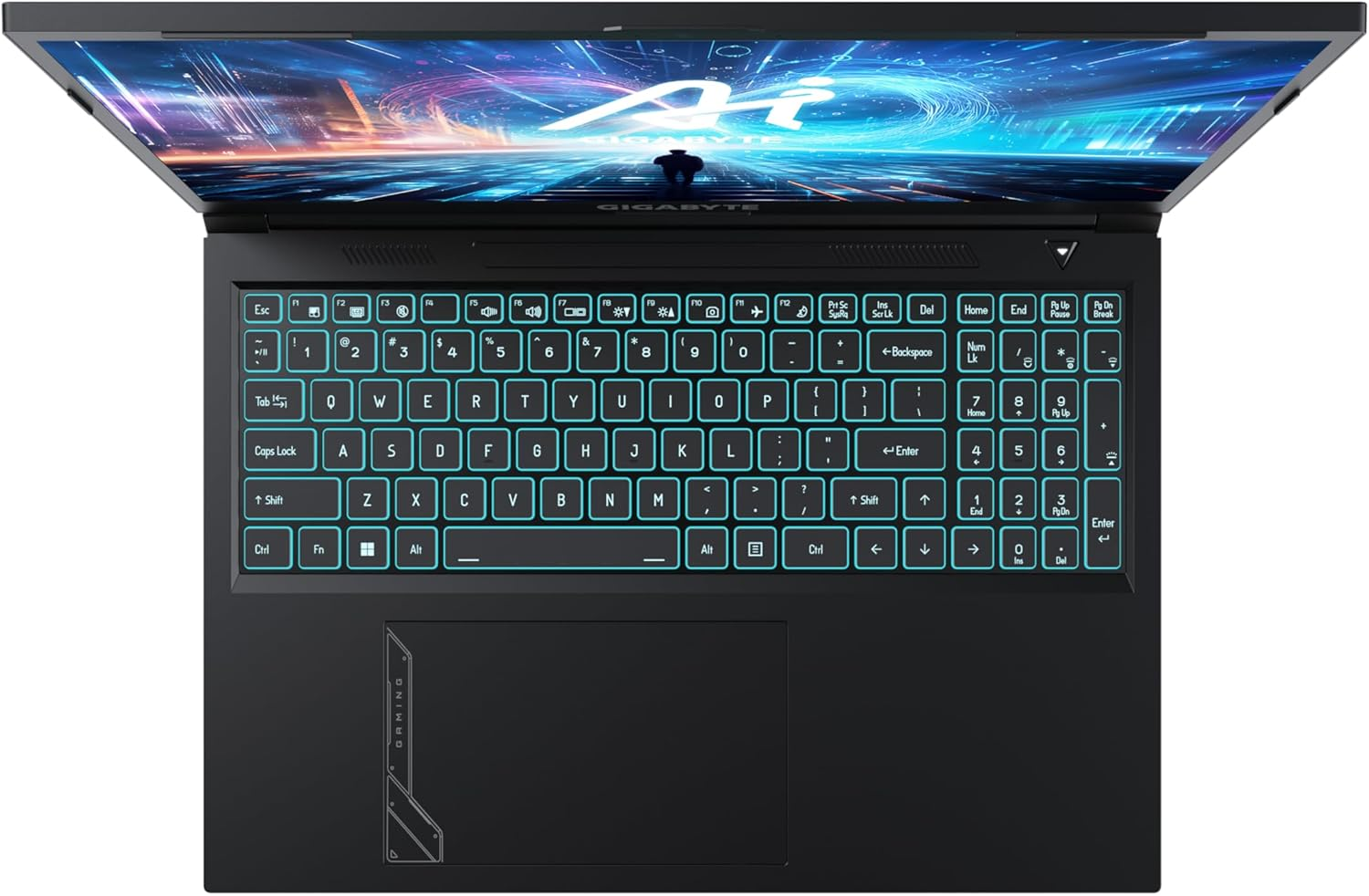 Portátil abierto, teclado iluminado, mostrando una pantalla azul y naranja.