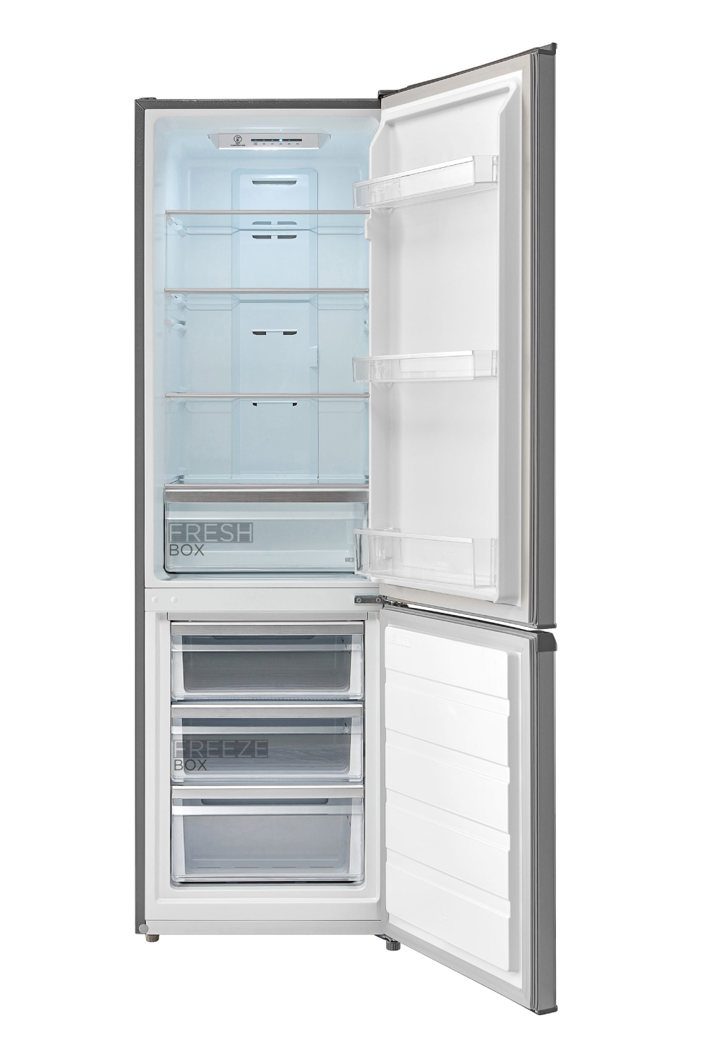 Un frigorífico con ambas puertas abiertas, mostrando estantes, cajones y el interior. Cajas Fresh y Freeze.