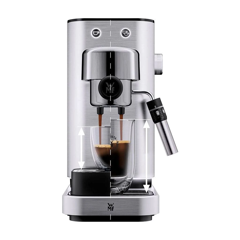 Una máquina de espresso dispensando café en un vaso. Flechas muestran el flujo del espresso y la altura de la taza.