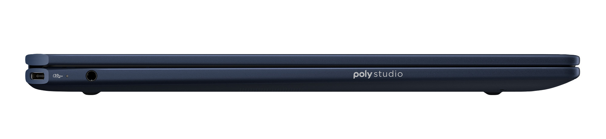 Zamknięty granatowy laptop z portami i napisem 'poly studio'. Izolowany na białym tle.