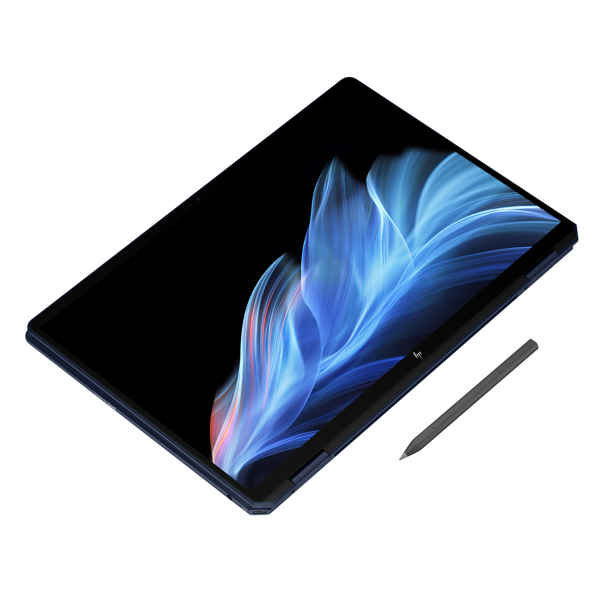 Granatowy laptop otwarty, wyświetlający niebieski wzór i rysik. Białe tło.