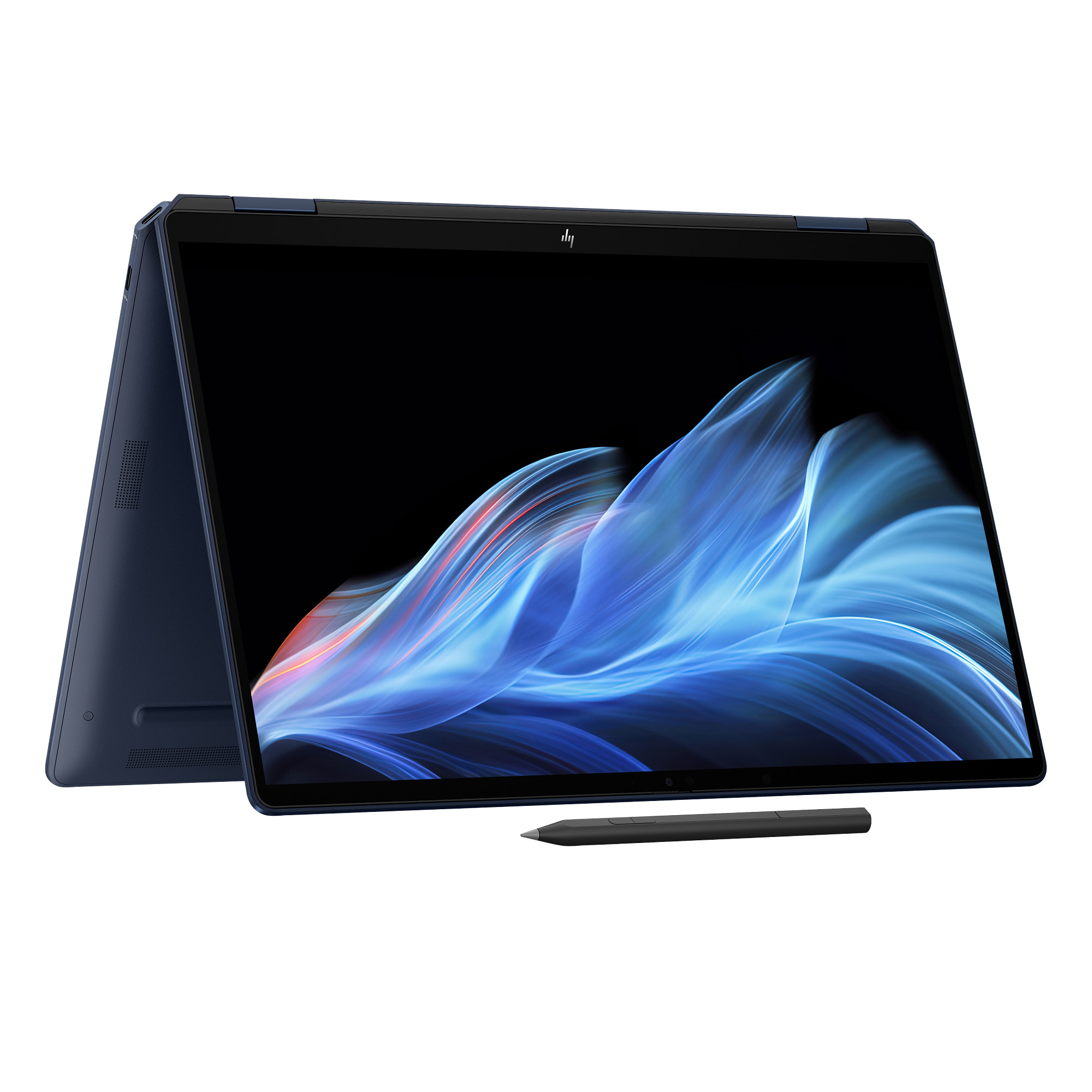Granatowy laptop otwarty, wyświetlający niebieski wzór i rysik. Białe tło.