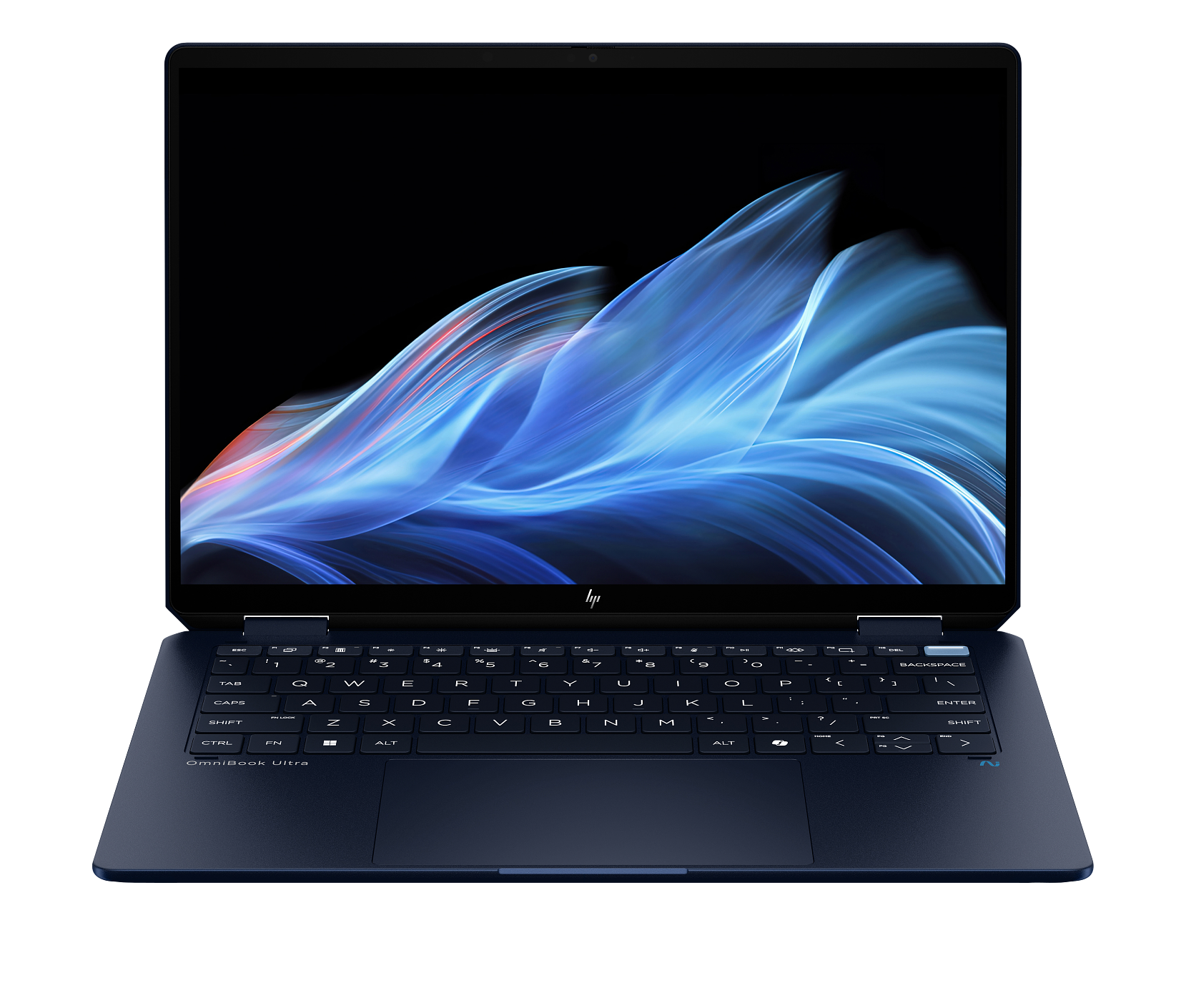 Otwarty granatowy laptop z niebieskim wzorem na ekranie i klawiaturą. Czarne tło.