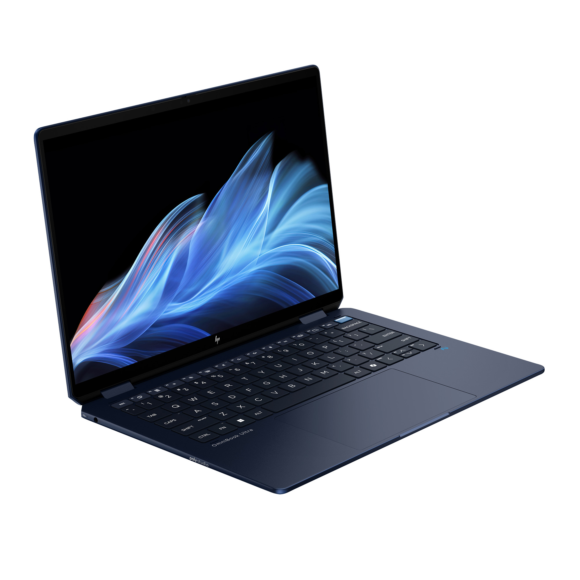 Otwarty granatowy laptop, pokazujący klawiaturę i kolorowy ekran. Białe tło.