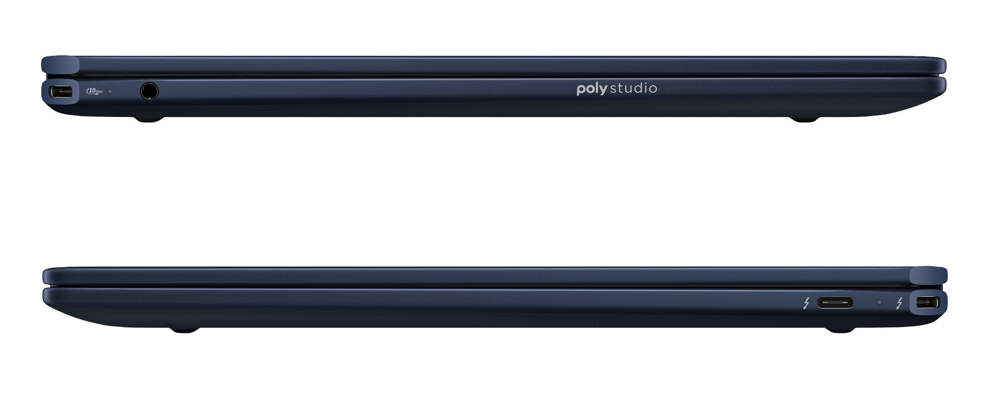 Dwa zamknięte granatowe laptopy, widok z boku. Jeden z portami, drugi z portem ładowania.