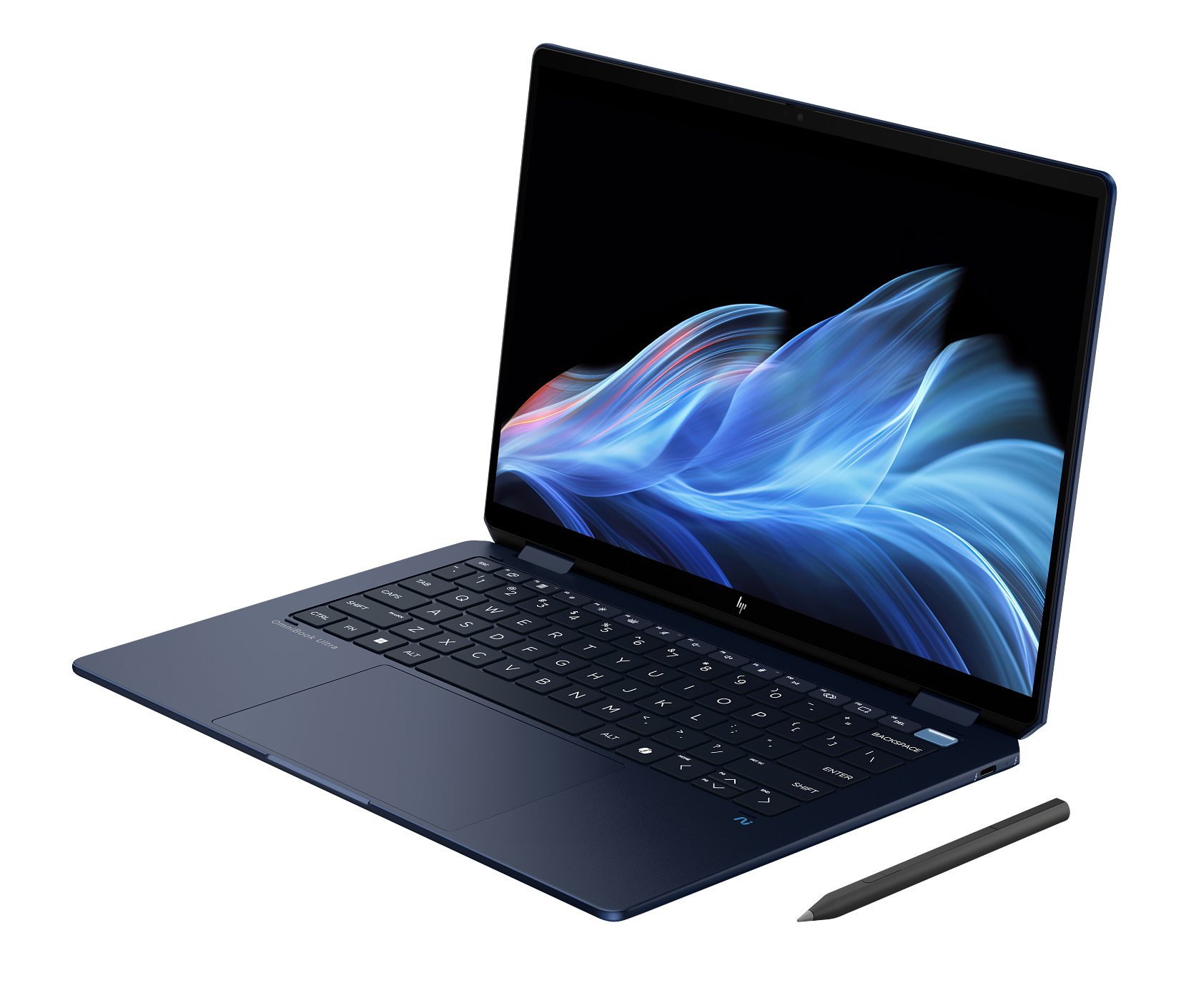 Otwarty granatowy laptop na czarnym tle z rysikiem. Ekran pokazuje kolorowy wzór.
