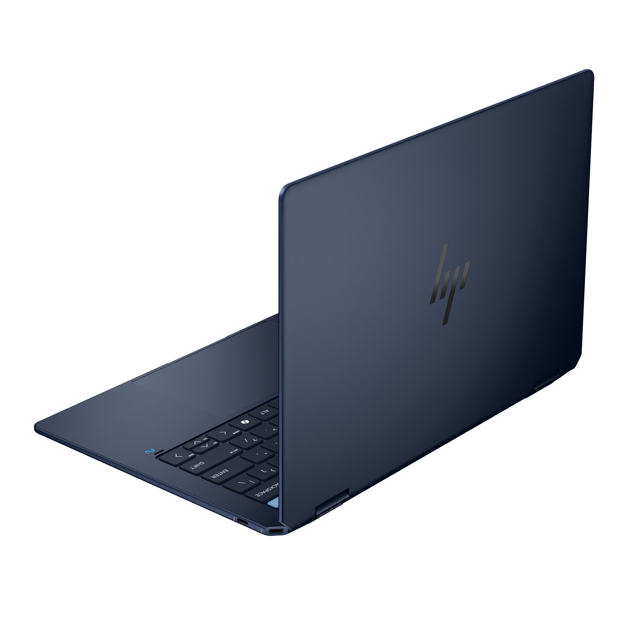 Otwarty granatowy laptop, pokazujący klawiaturę i widok z tyłu. Białe tło.