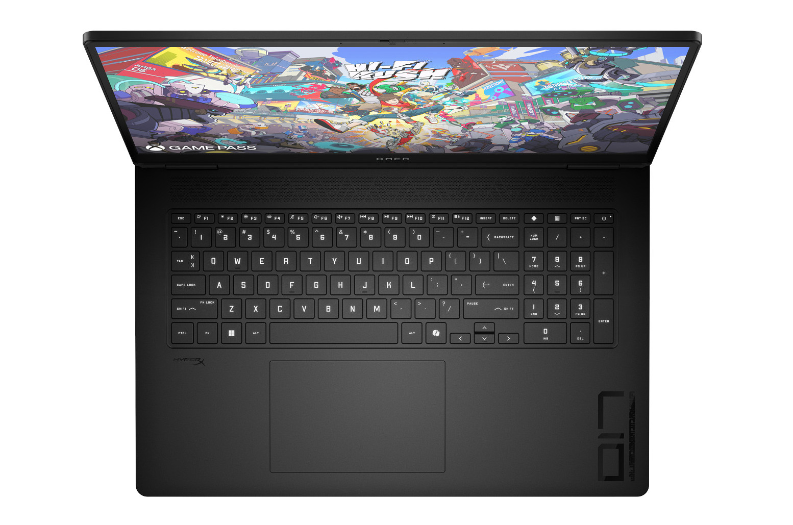 Laptop, widok z boku, zamknięty. Czarny, z portami po bokach i otworami wentylacyjnymi na dole.