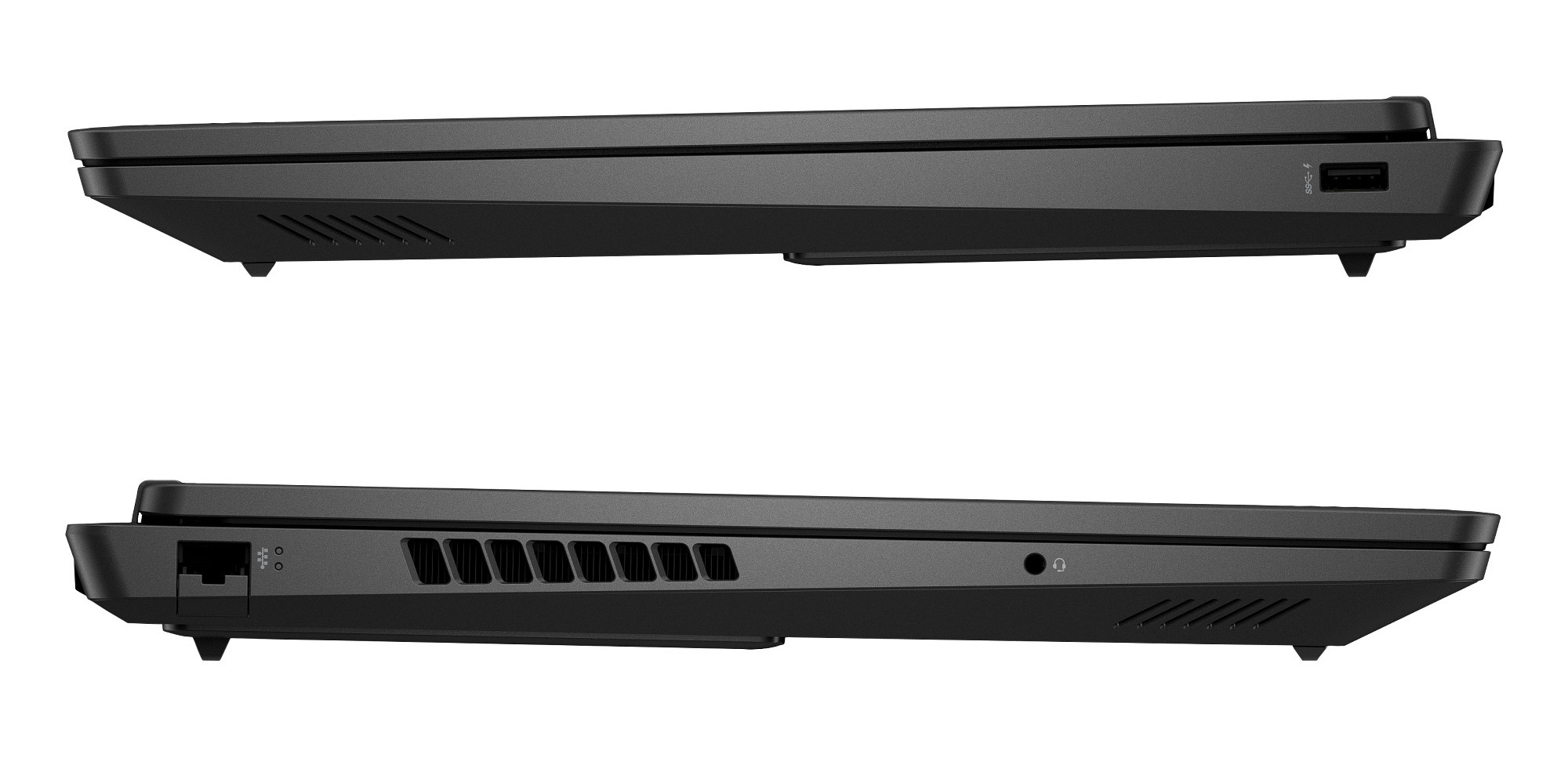 Laptop, widok z boku, zamknięty. Czarny z portem USB z jednej strony.