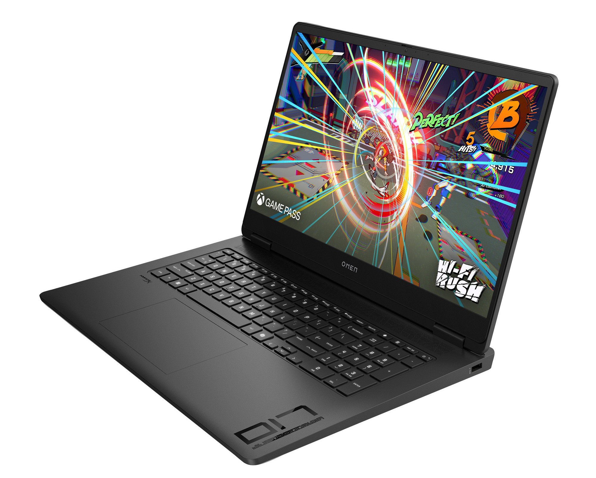 Laptop, widok pod kątem, otwarty. Ekran pokazuje grę wideo. Czarna klawiatura i touchpad.