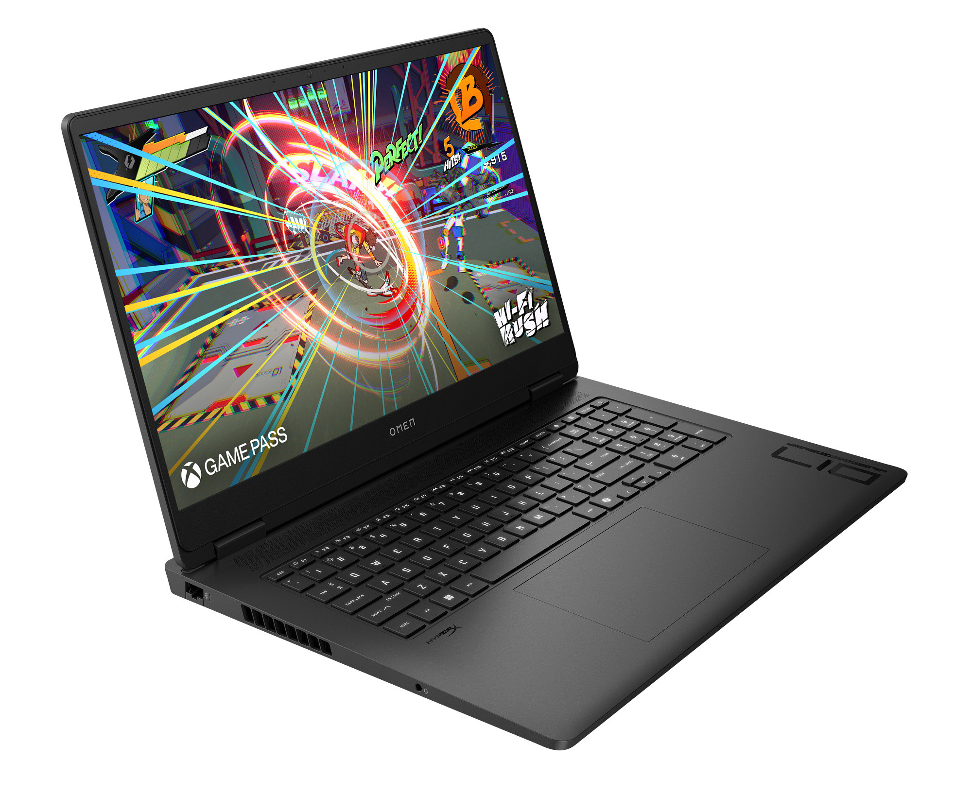 Czarny laptop Omen z kolorowym ekranem gry. Widoczna klawiatura. Na ekranie logo Xbox Game Pass i Wi-Fi Rush.