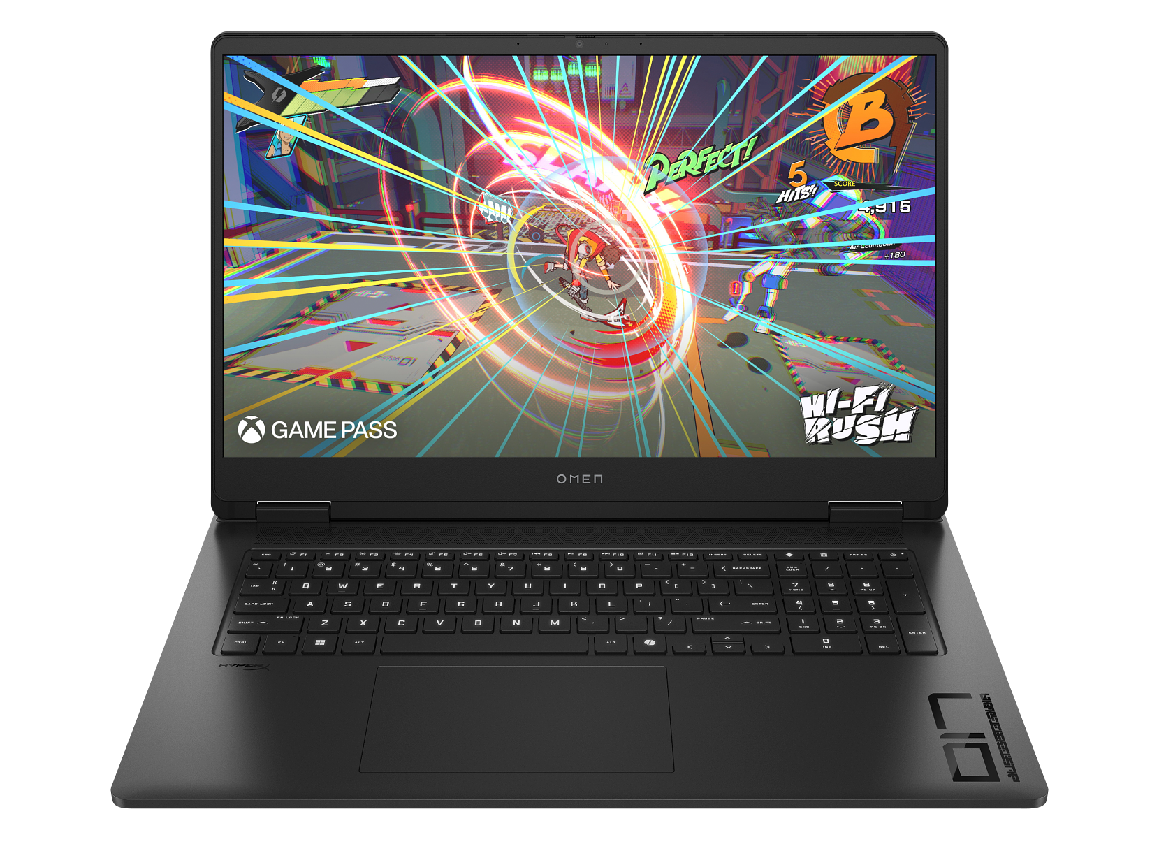 Czarny laptop Omen z kolorowym ekranem gry. Widoczna klawiatura. Na ekranie logo Xbox Game Pass i Wi-Fi Rush.