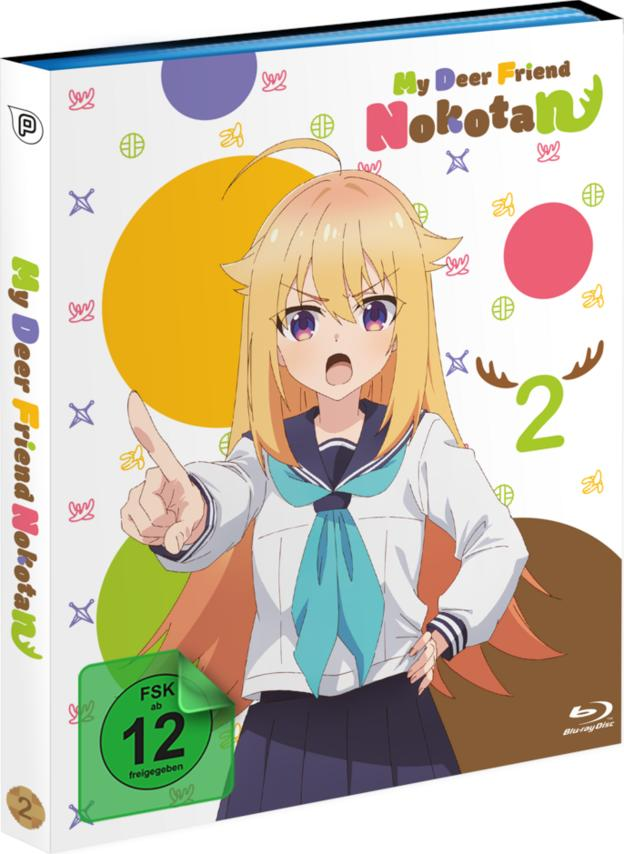 DVD-Box mit Anime-Mädchen, das zeigt. Blondes Haar, blaues Kleid und die Zahl 2. Die Box hat ein Logo, Kreise und Text.