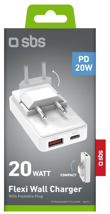 Biała ładowarka USB ze składaną wtyczką w pudełku z tekstem.