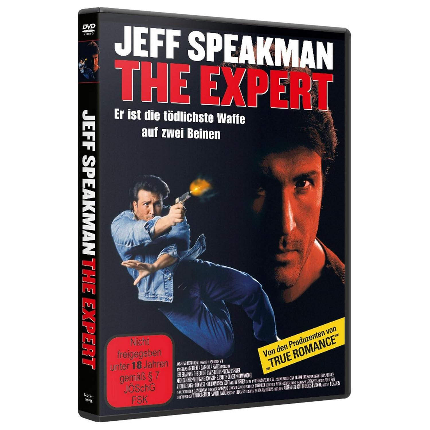 DVD-Hülle von 'The Expert'. Mann zielt mit Waffe. Deutscher Text. Schwarze Hülle, rote und blaue Farben. DVD-Logo.