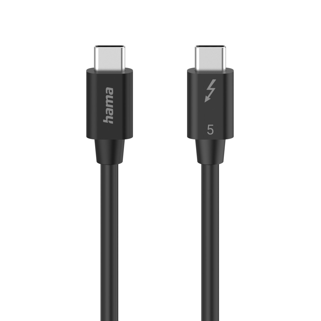 Nahaufnahme von zwei schwarzen USB-C-Kabeln. Eines mit Blitz, '5' und 'hama'.