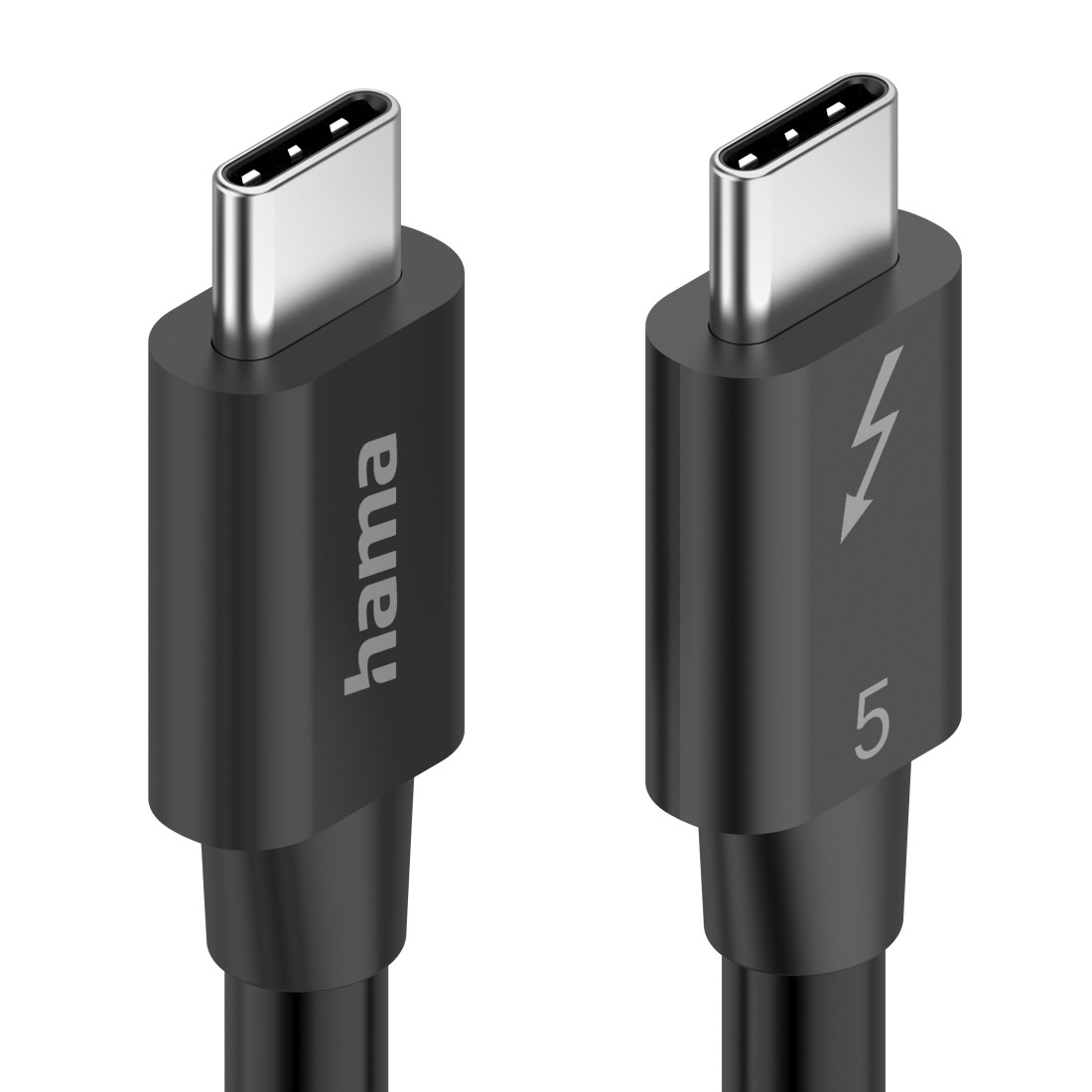 Nahaufnahme von zwei schwarzen USB-C-Kabeln. Eines mit Blitz, '5' und 'hama'.