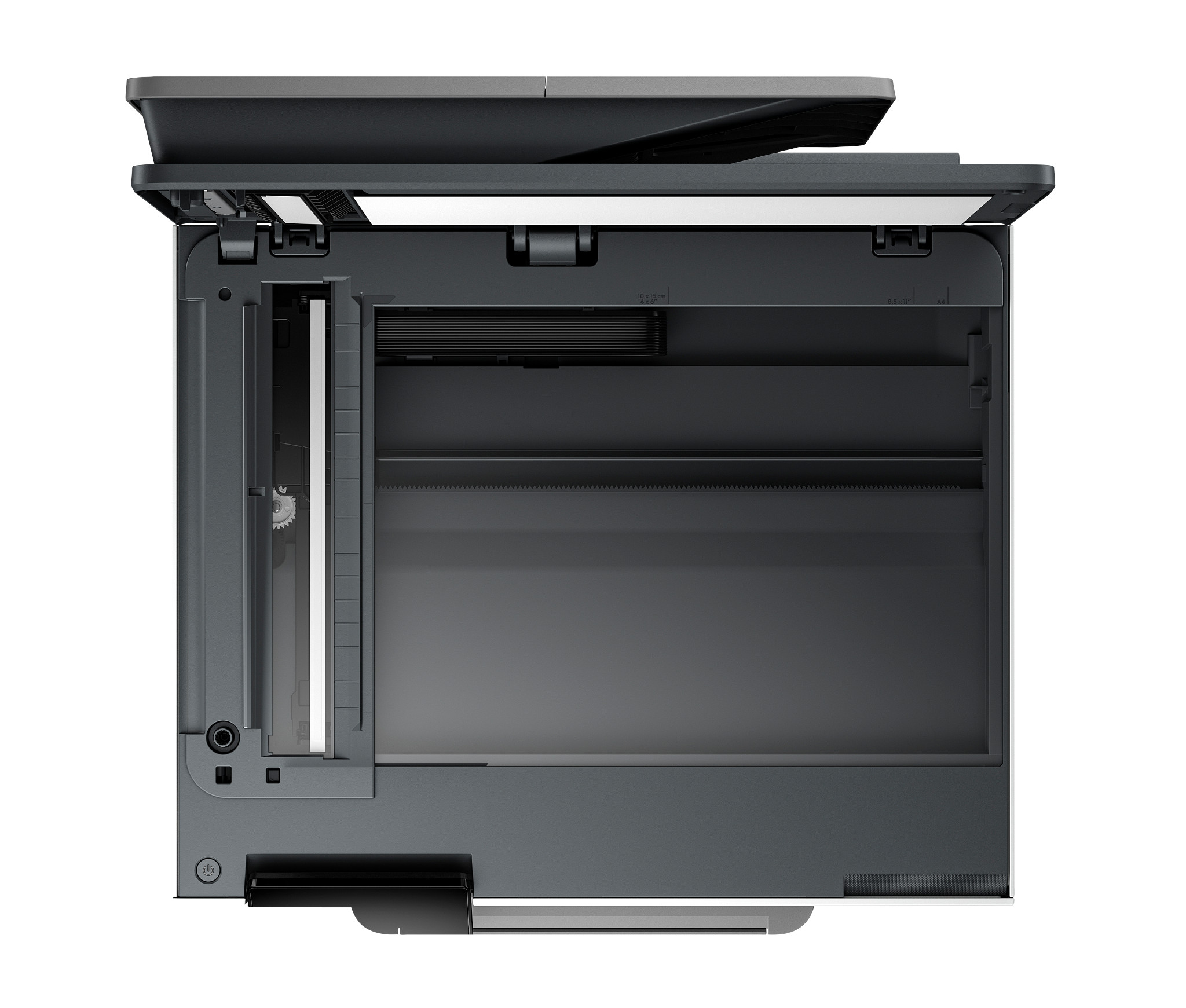 Ein HP OfficeJet Pro Drucker, weiß und schwarz, mit eingeschaltetem Touchscreen.