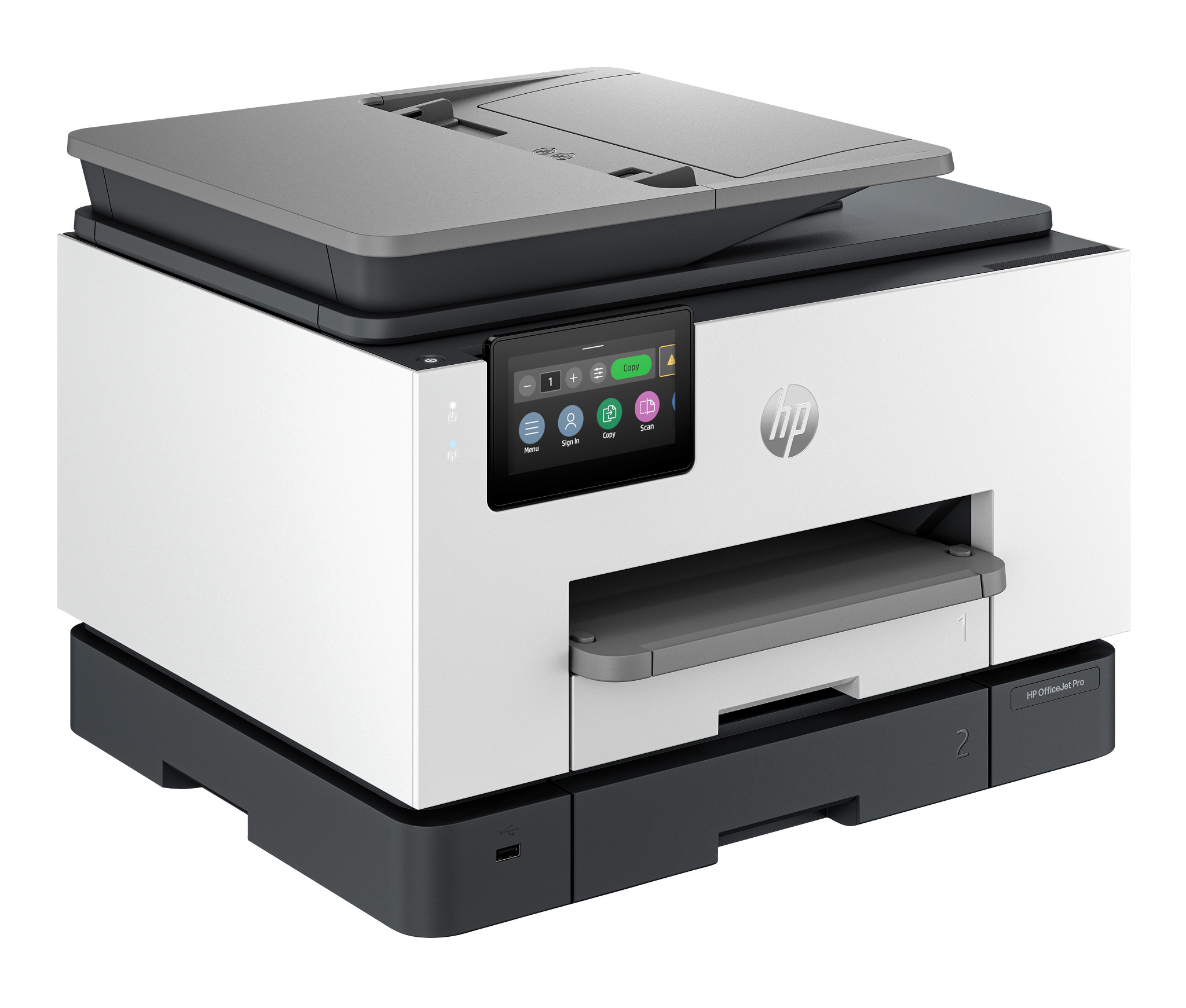 Büroszene mit drei arbeitenden Personen, ein HP-Drucker steht auf einem weißen Schreibtisch.