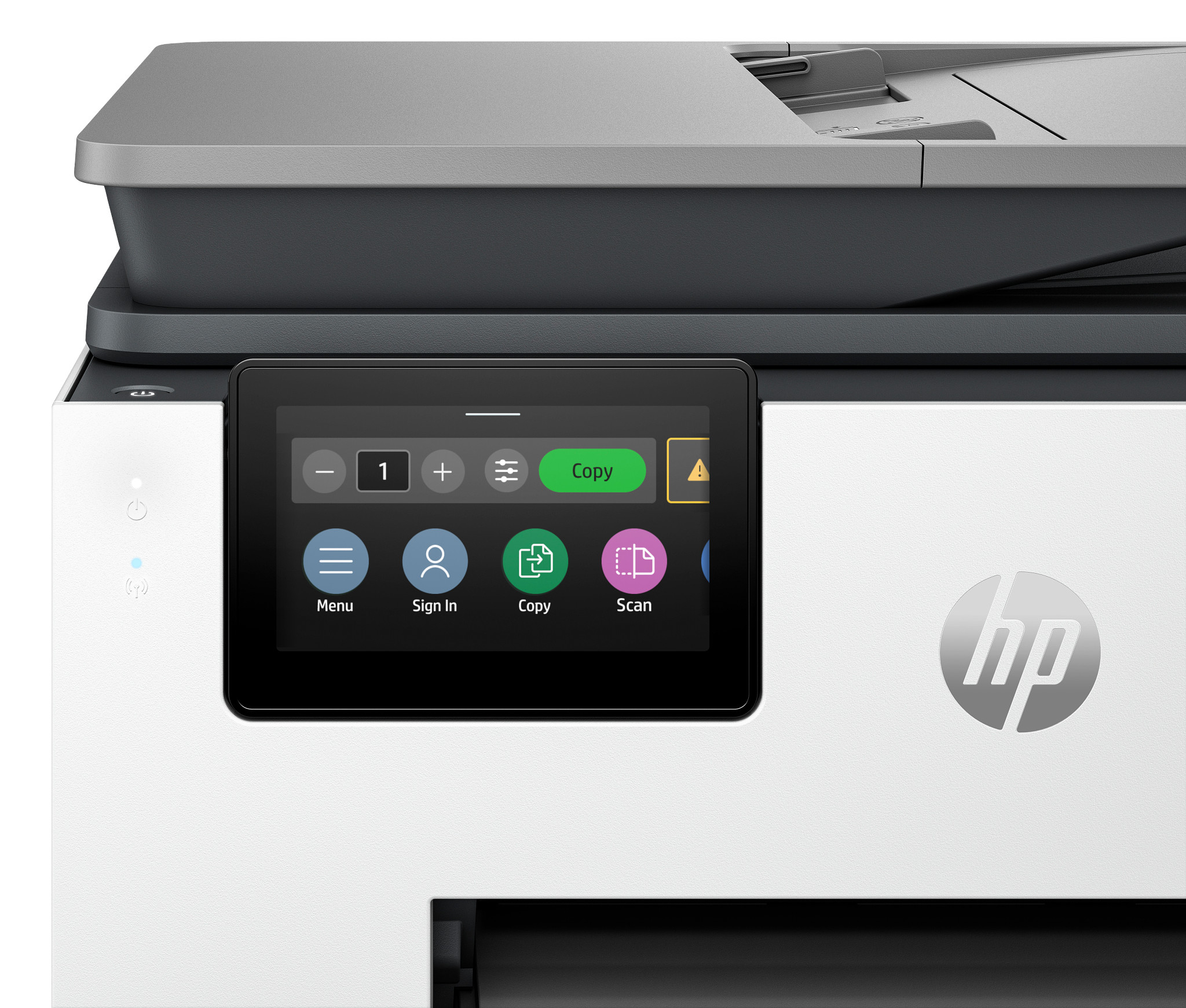 Nahaufnahme des Touchscreen-Displays eines HP OfficeJet Pro Druckers.
