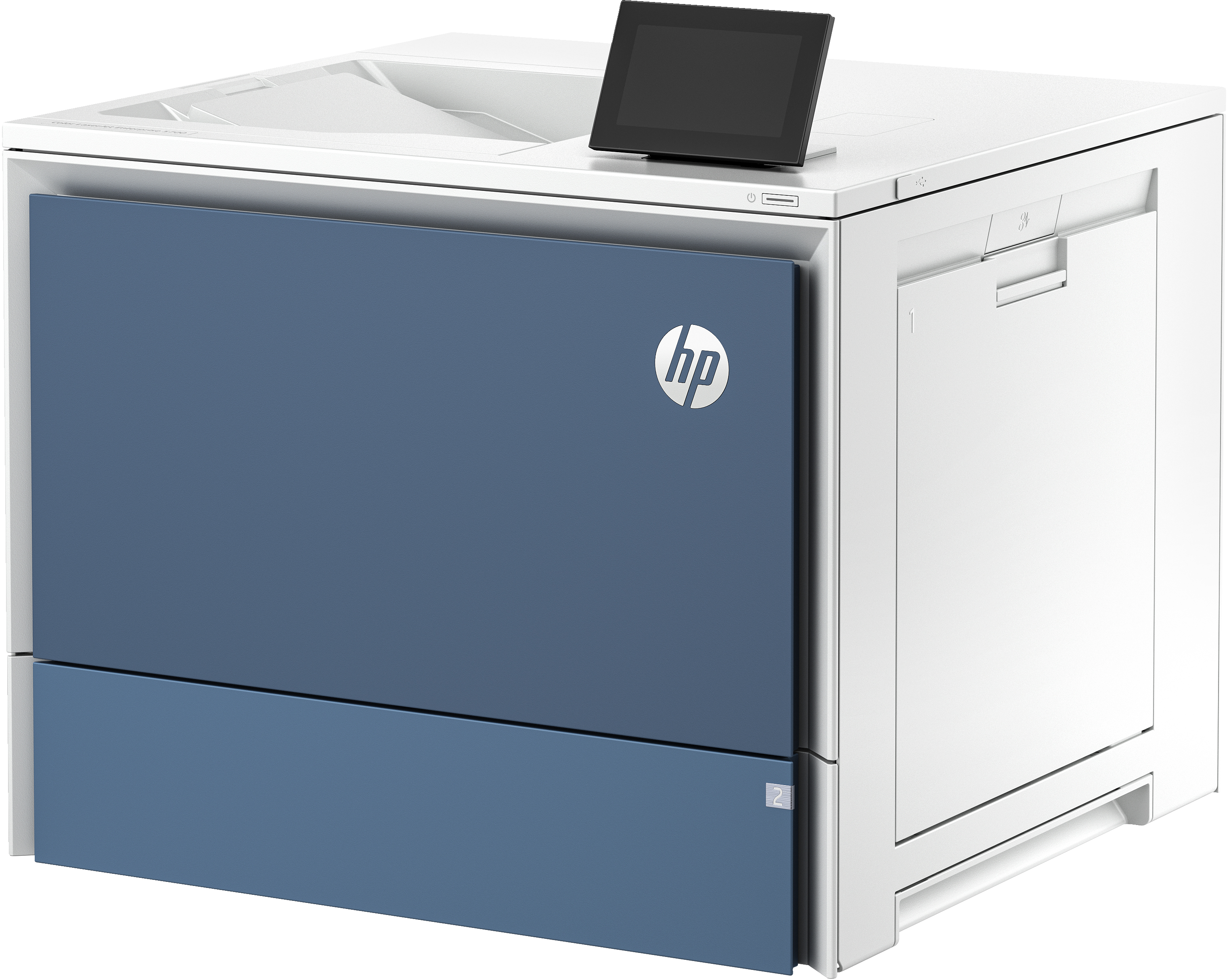 Ein HP-Drucker mit blauer Frontplatte und Touchscreen oben. Das HP-Logo ist sichtbar.