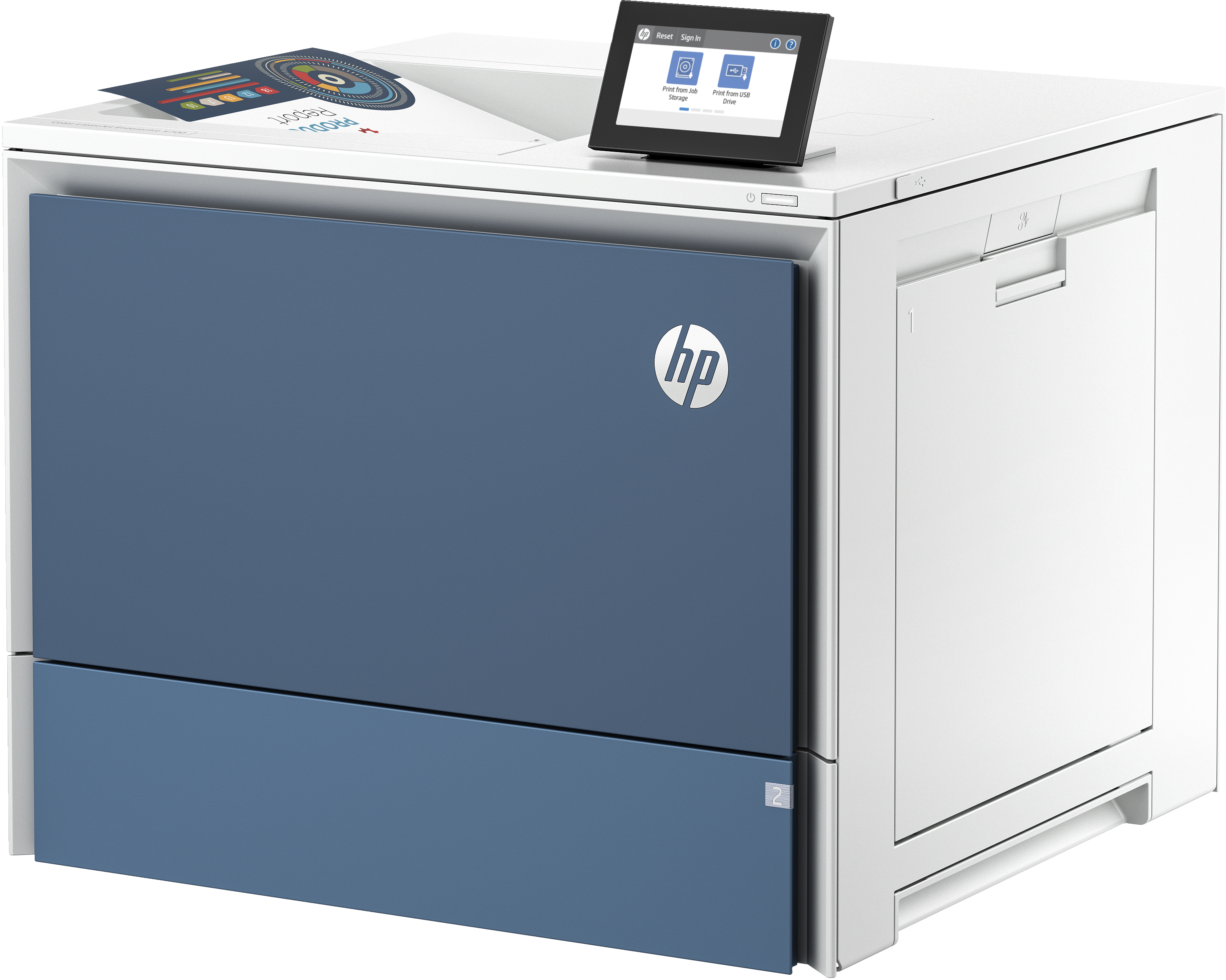 Ein HP-Drucker mit blauer Frontplatte und Touchscreen oben. Das HP-Logo ist sichtbar.