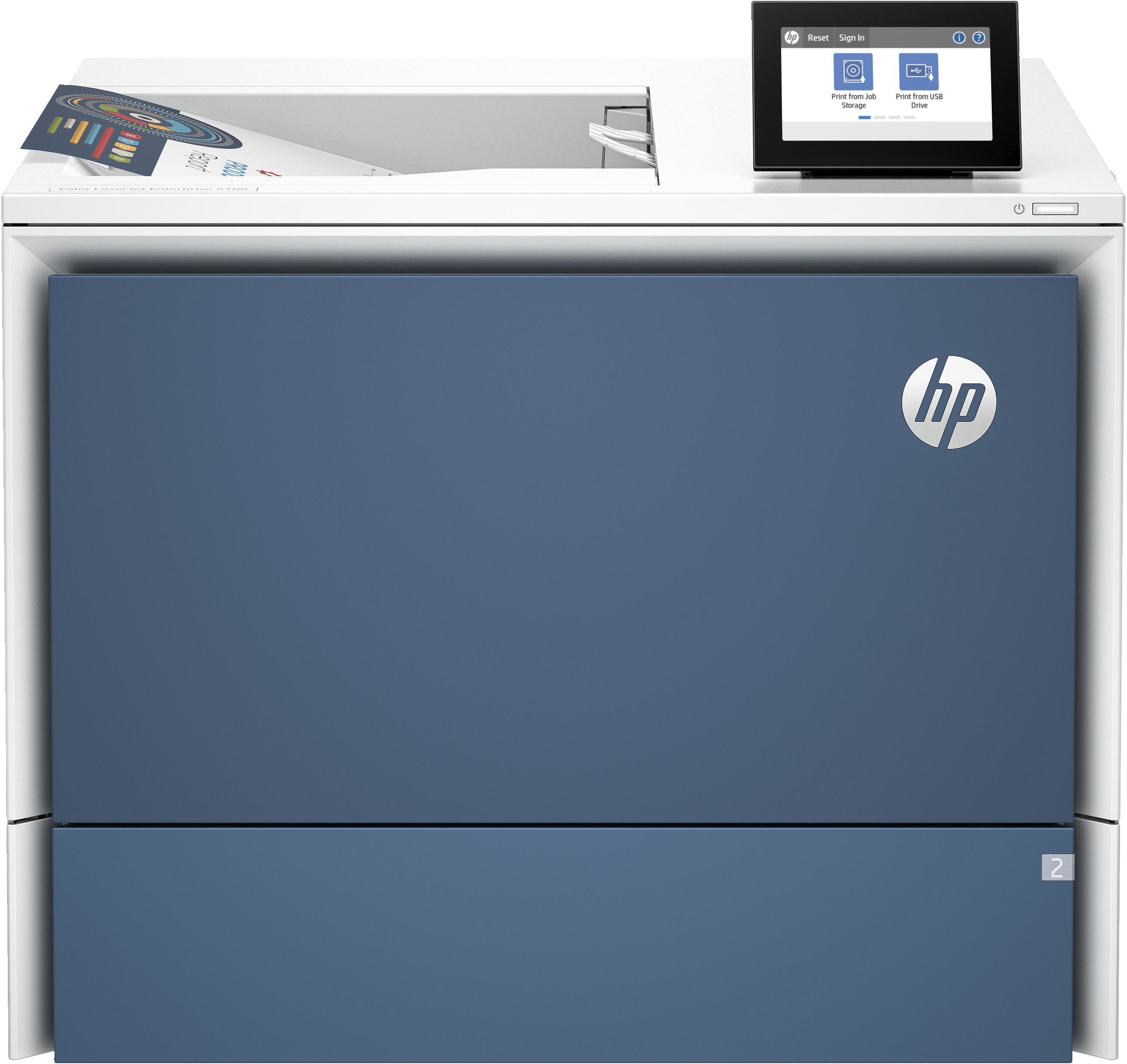 Ein HP-Drucker mit blauer Frontplatte und Touchscreen oben. Das HP-Logo ist sichtbar.