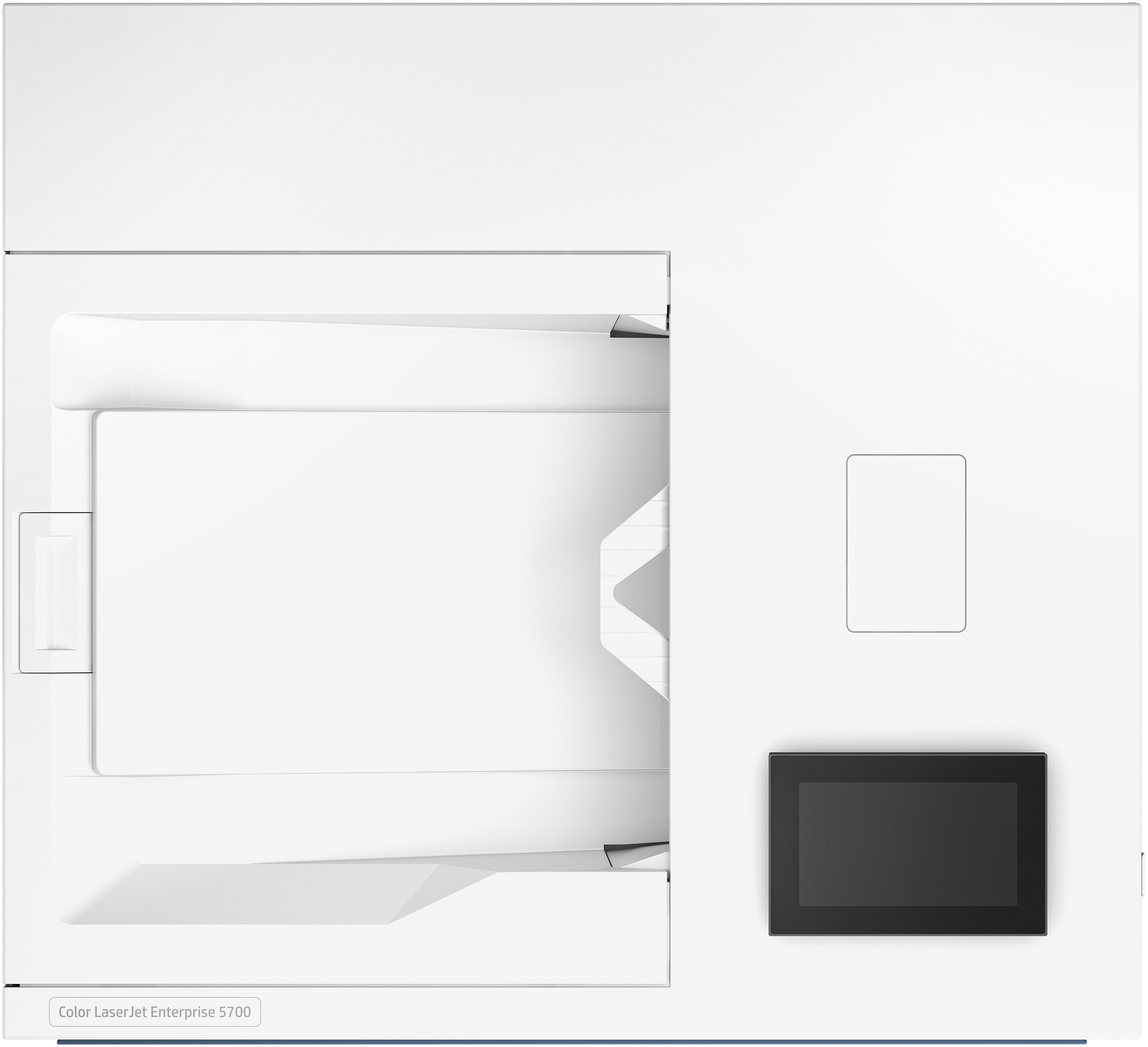 Drucker, weiß mit schwarzem Bildschirm und einem Panel mit dem HP-Logo.