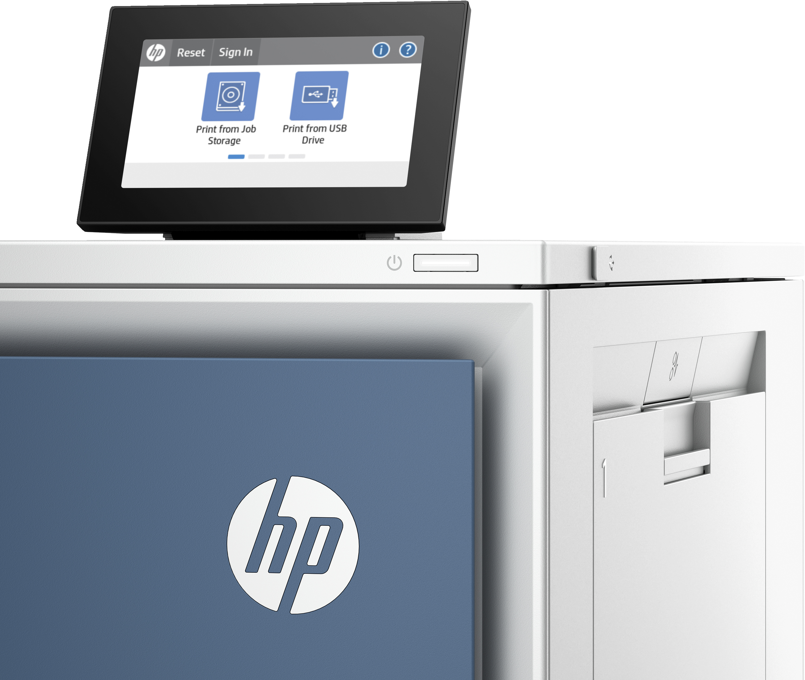 Nahaufnahme eines HP-Druckers mit Touchscreen mit HP-Optionen.