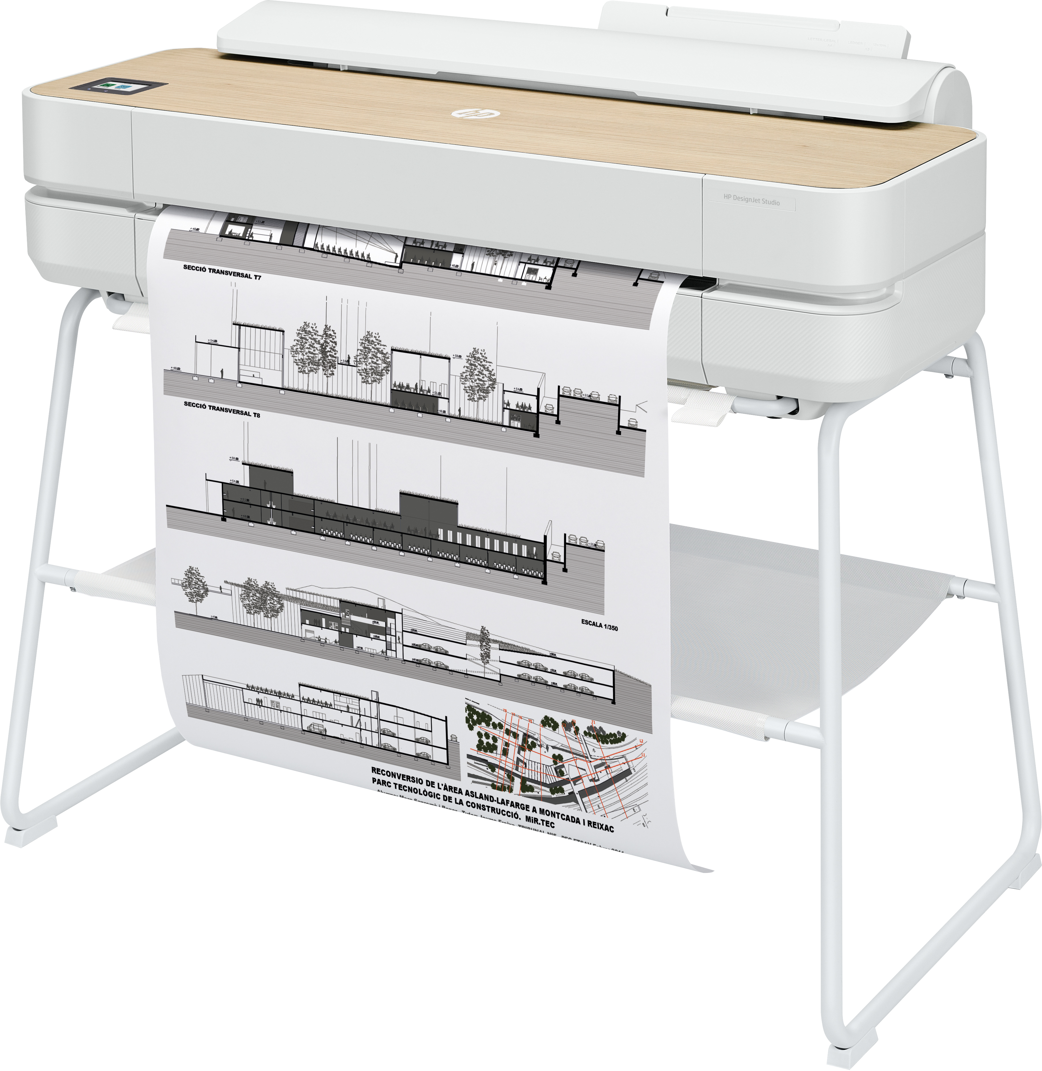 Weißer Drucker auf St änder, druckt Architekturzeichnungen. Papier hängt.