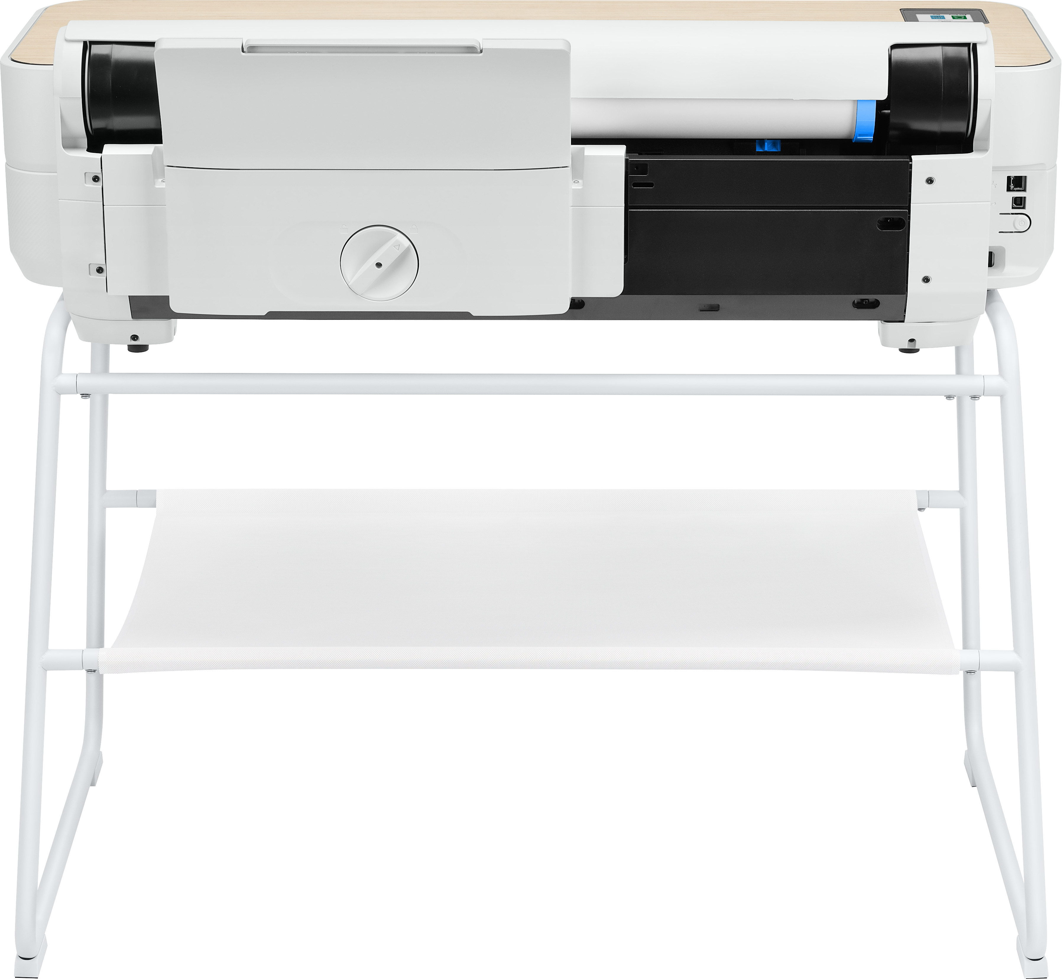 Weißer Drucker auf weißem Ständer. Er hat eine Rolle und ein Regal.
