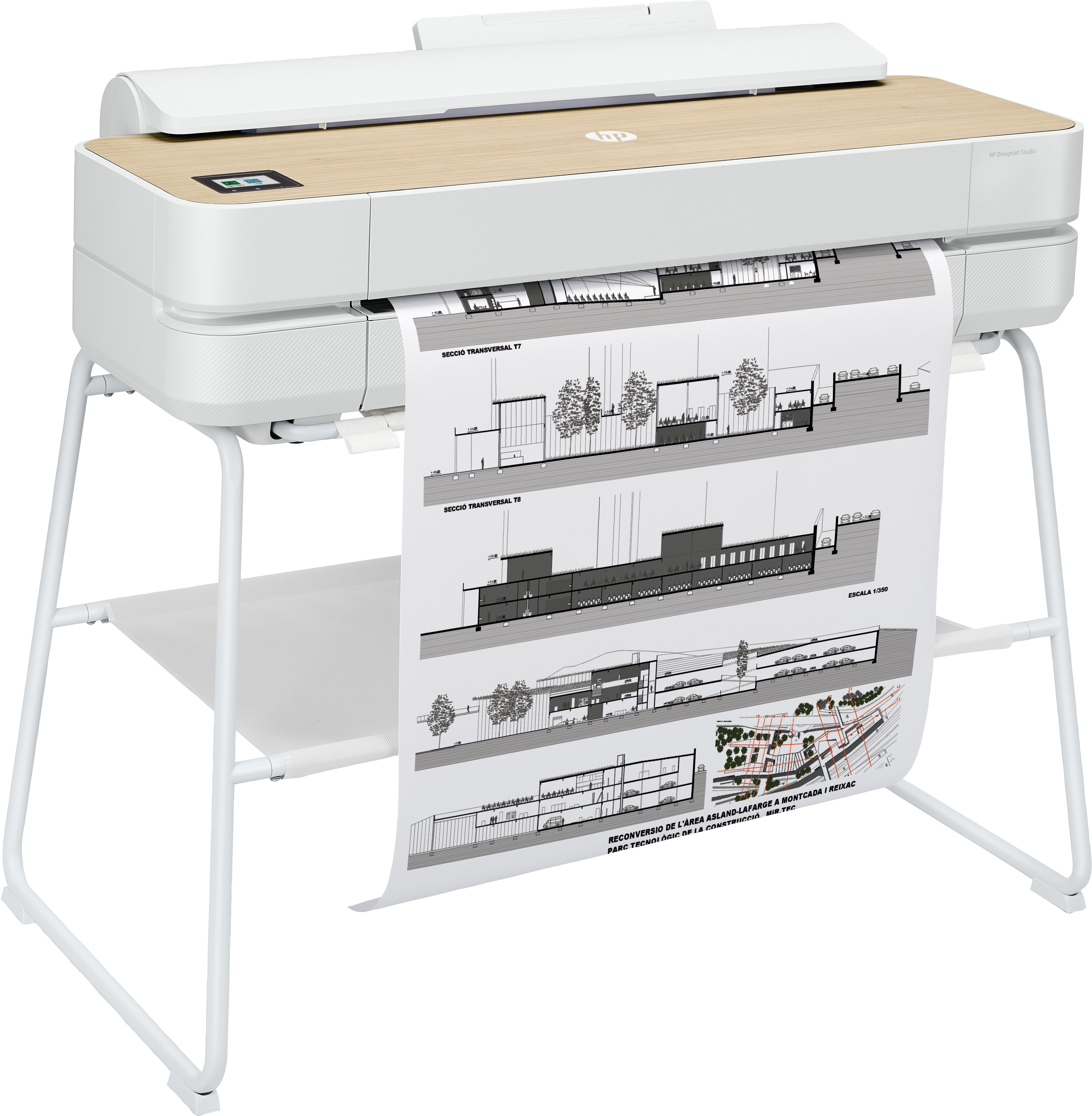 Weißer Drucker auf Ständer, druckt Architekturzeichnungen. Papier hängt.