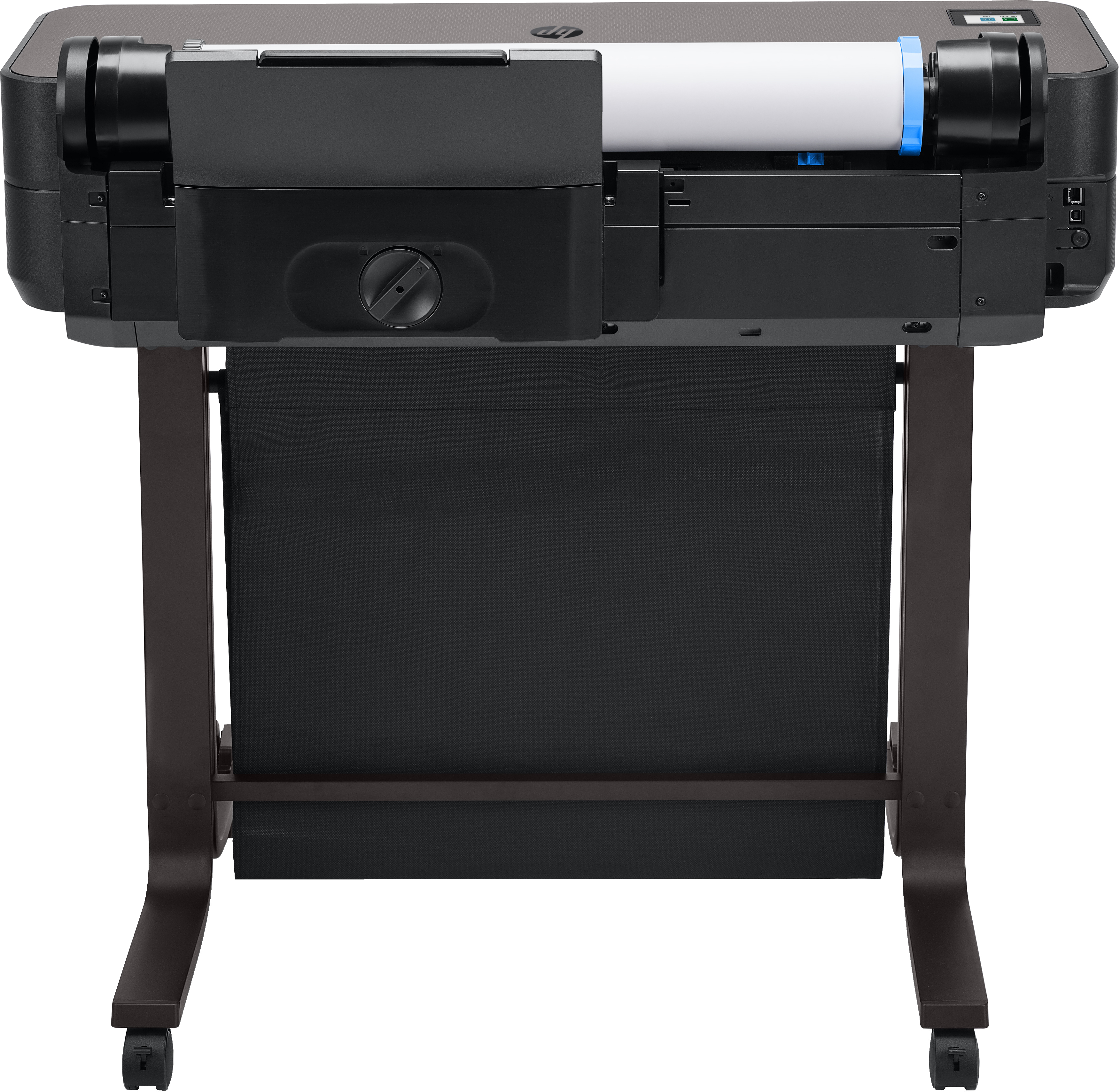 Großer Drucker auf einem Ständer mit Papierrolle und schwarzem Stofffänger.